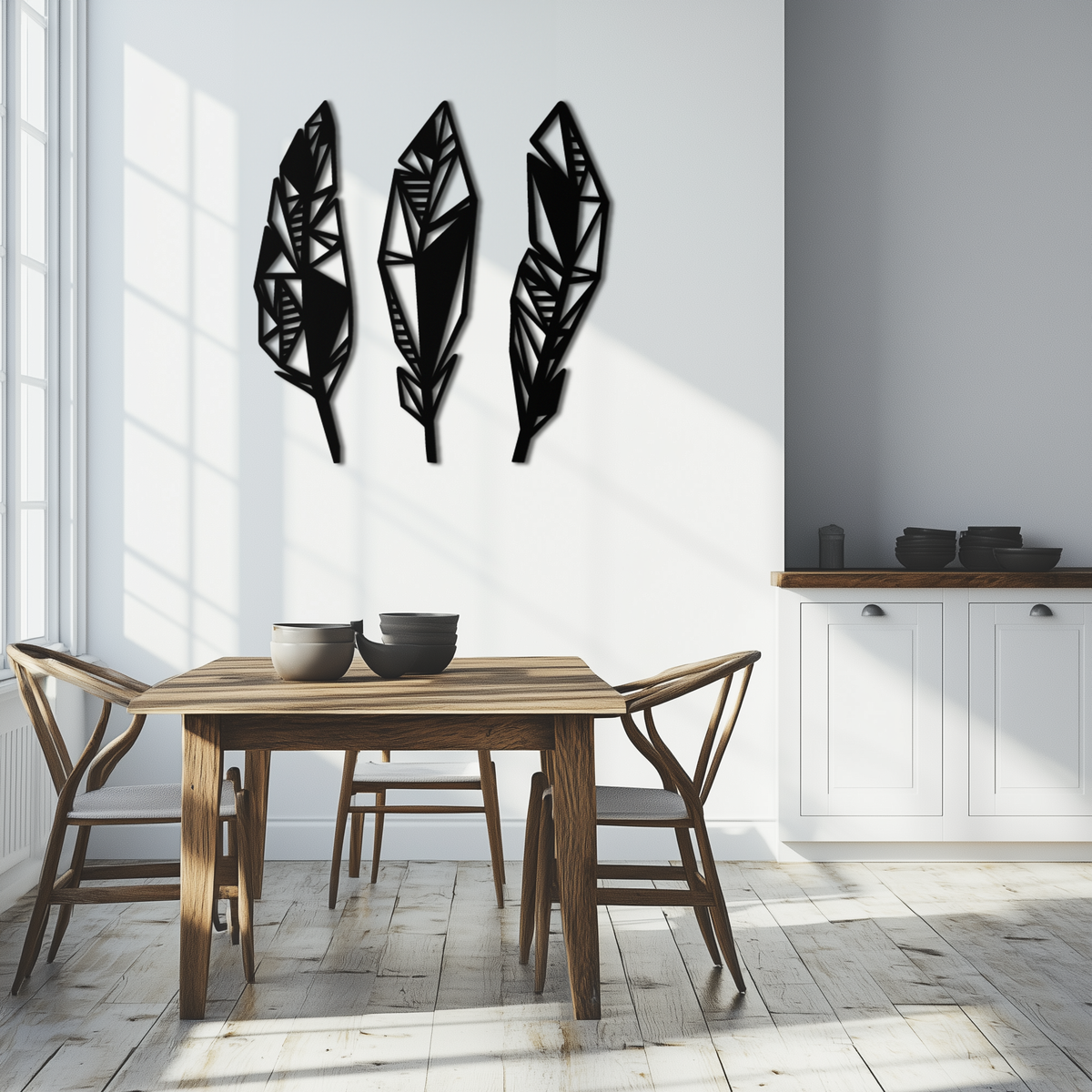Geometric Feather Trio Metal Wall Art - Abstract Minimalist Black Steel Handcrafted