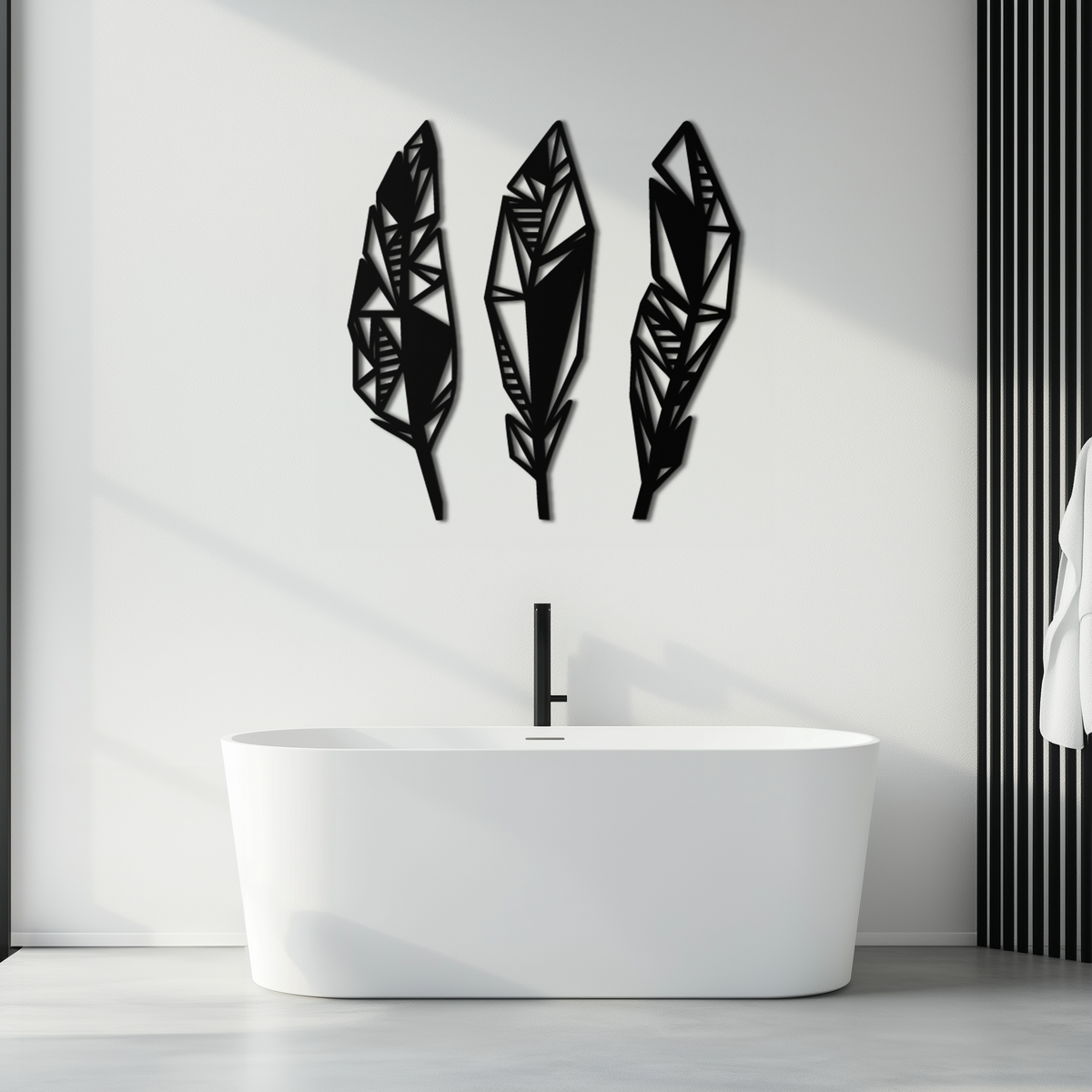 Geometric Feather Trio Metal Wall Art - Abstract Minimalist Black Steel Handcrafted