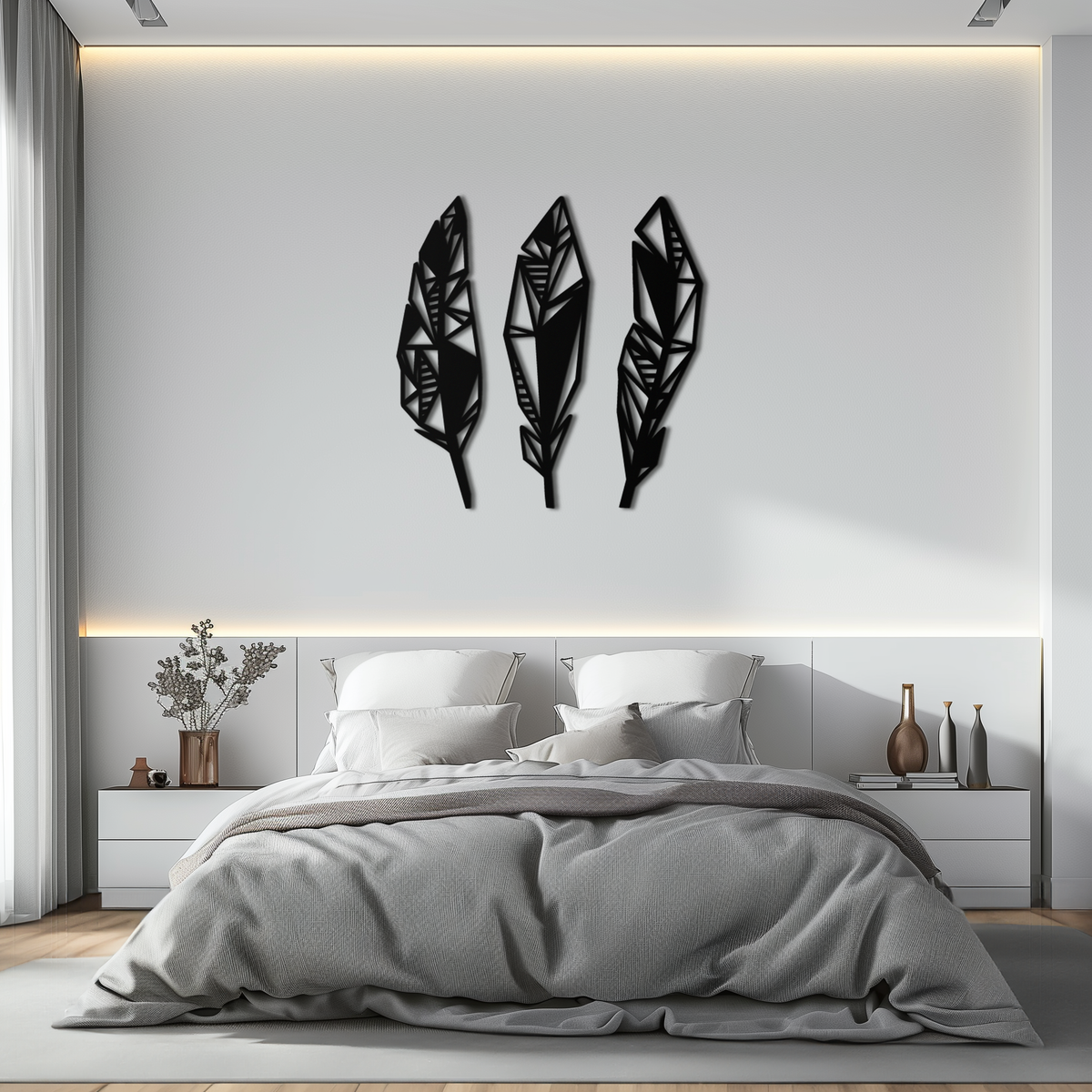 Geometric Feather Trio Metal Wall Art - Abstract Minimalist Black Steel Handcrafted