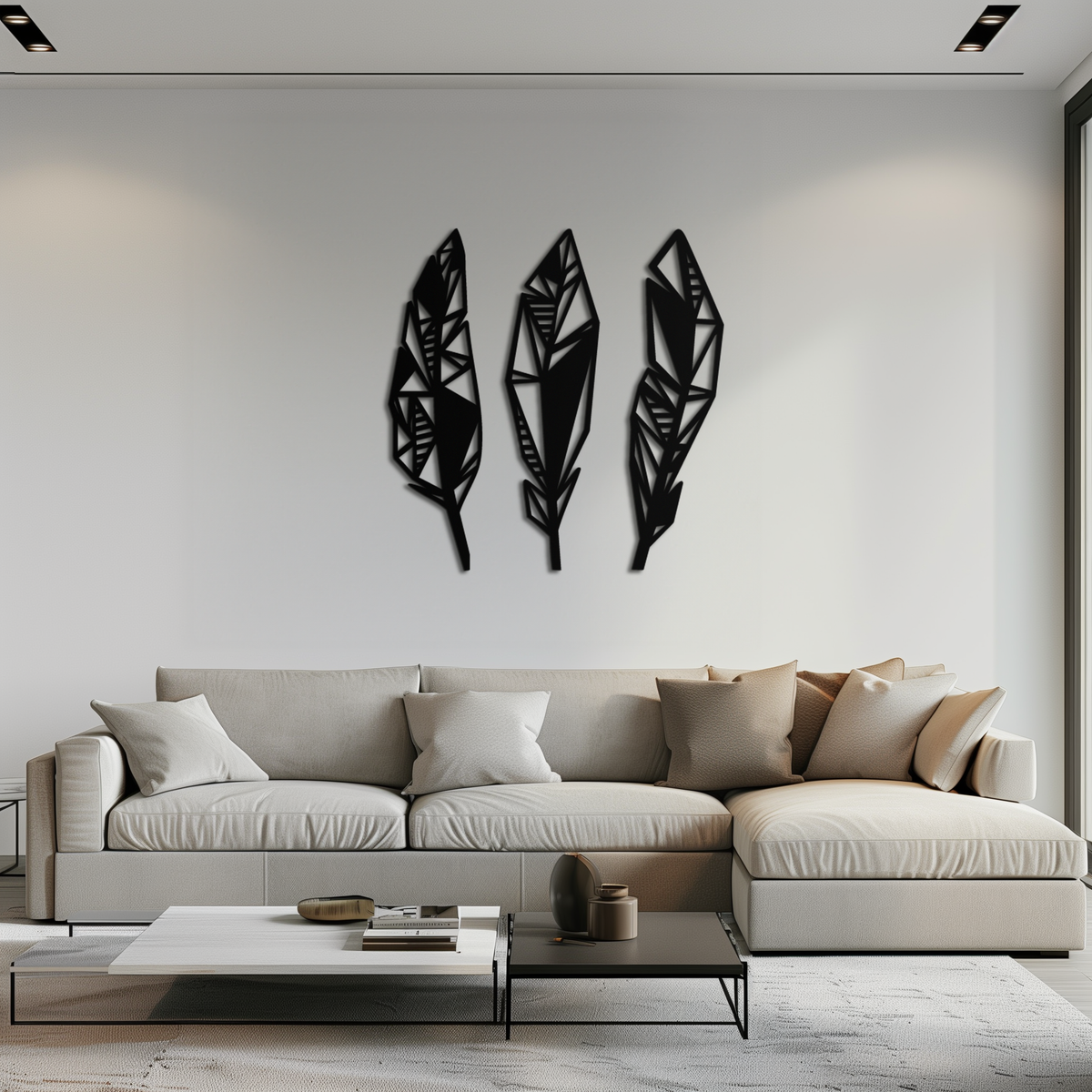 Geometric Feather Trio Metal Wall Art - Abstract Minimalist Black Steel Handcrafted