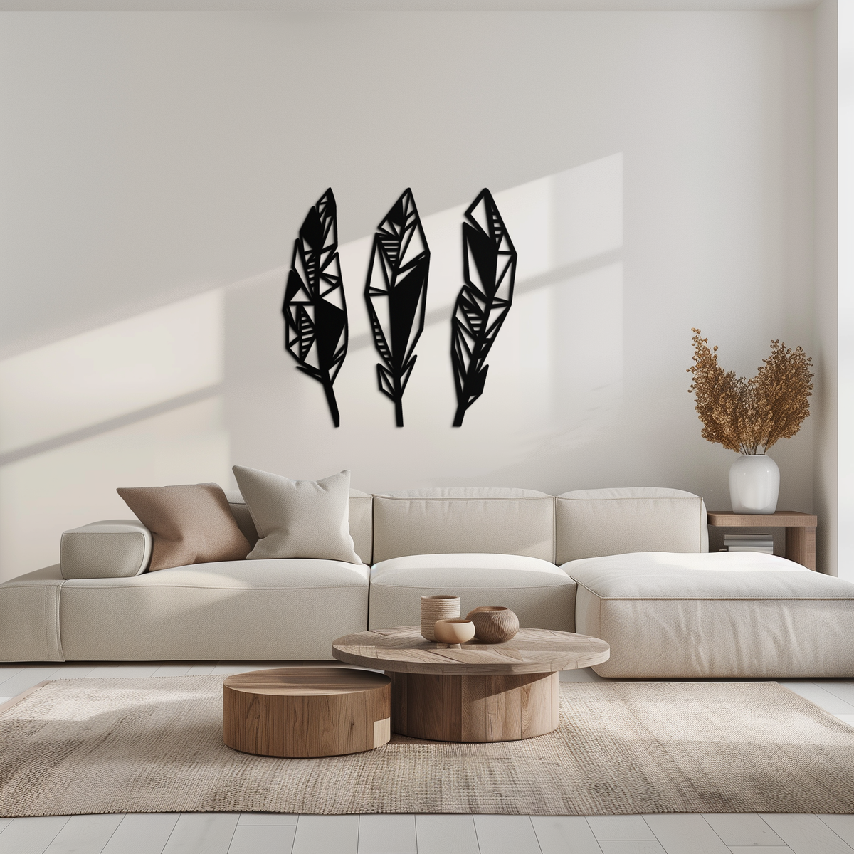 Geometric Feather Trio Metal Wall Art - Abstract Minimalist Black Steel Handcrafted