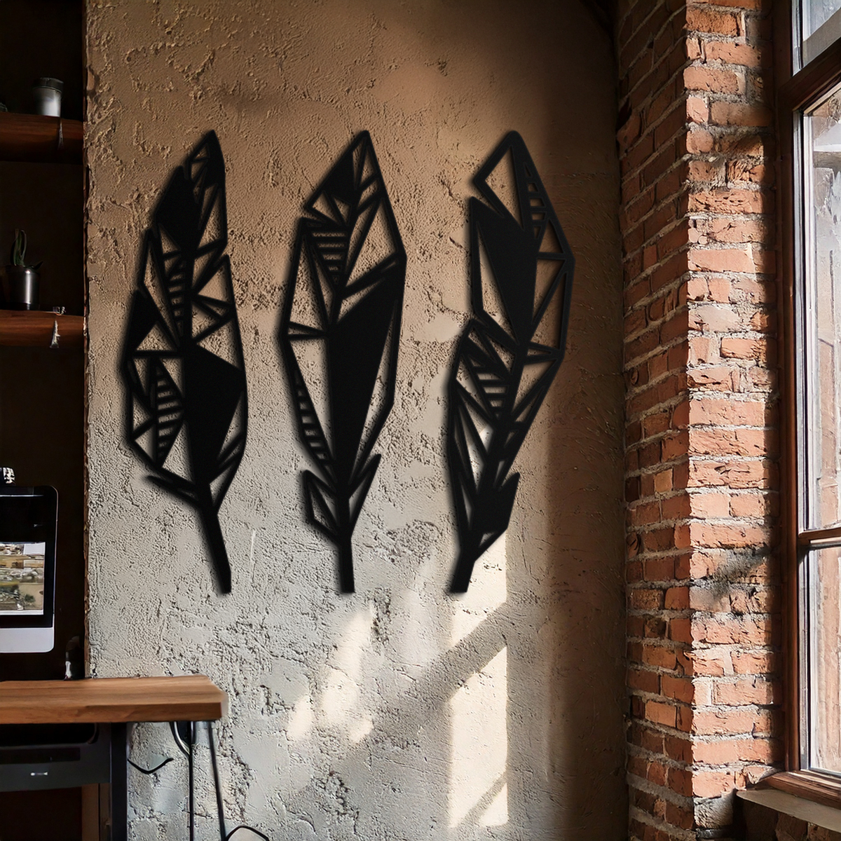 Geometric Feather Trio Metal Wall Art - Abstract Minimalist Black Steel Handcrafted