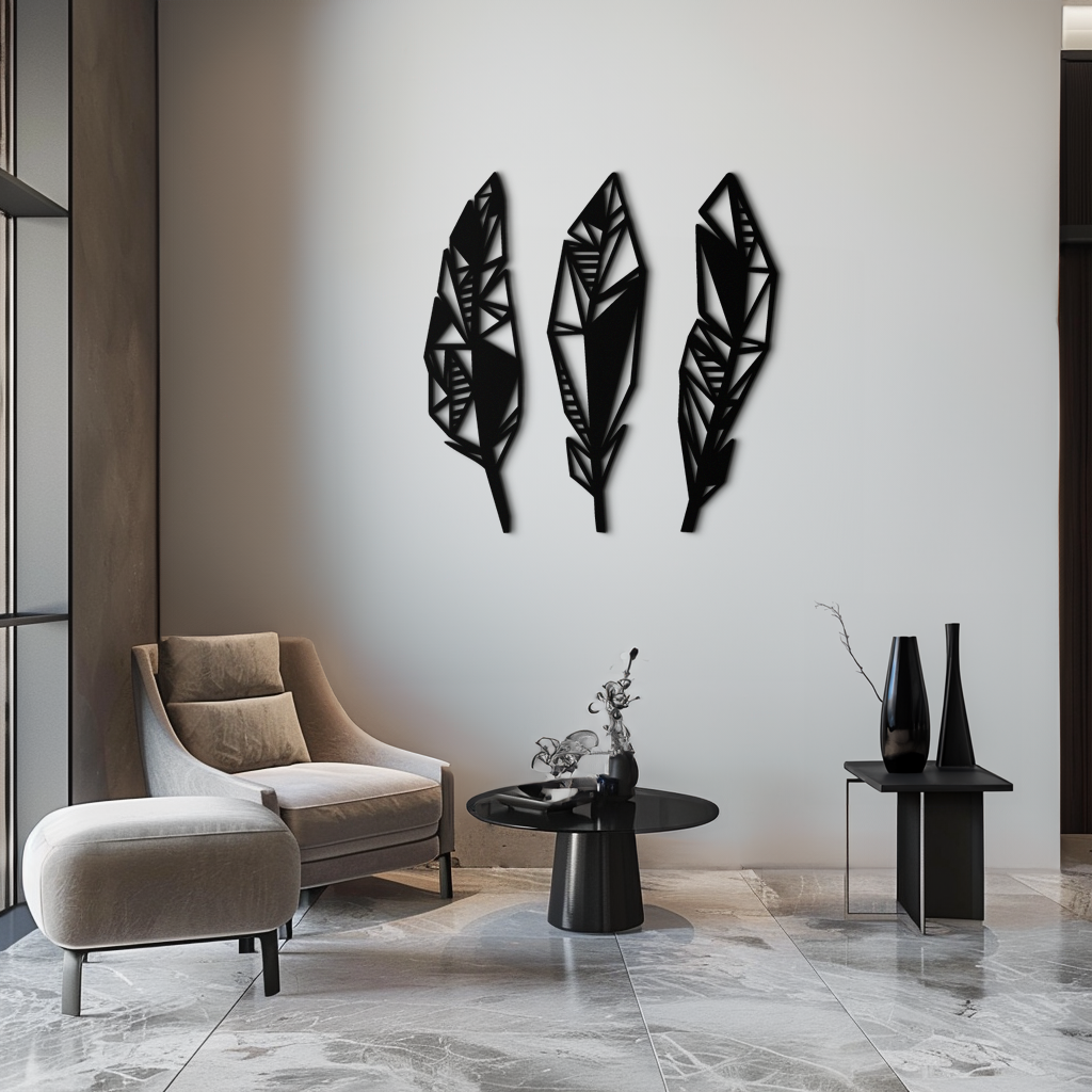 Geometric Feather Trio Metal Wall Art - Abstract Minimalist Black Steel Handcrafted