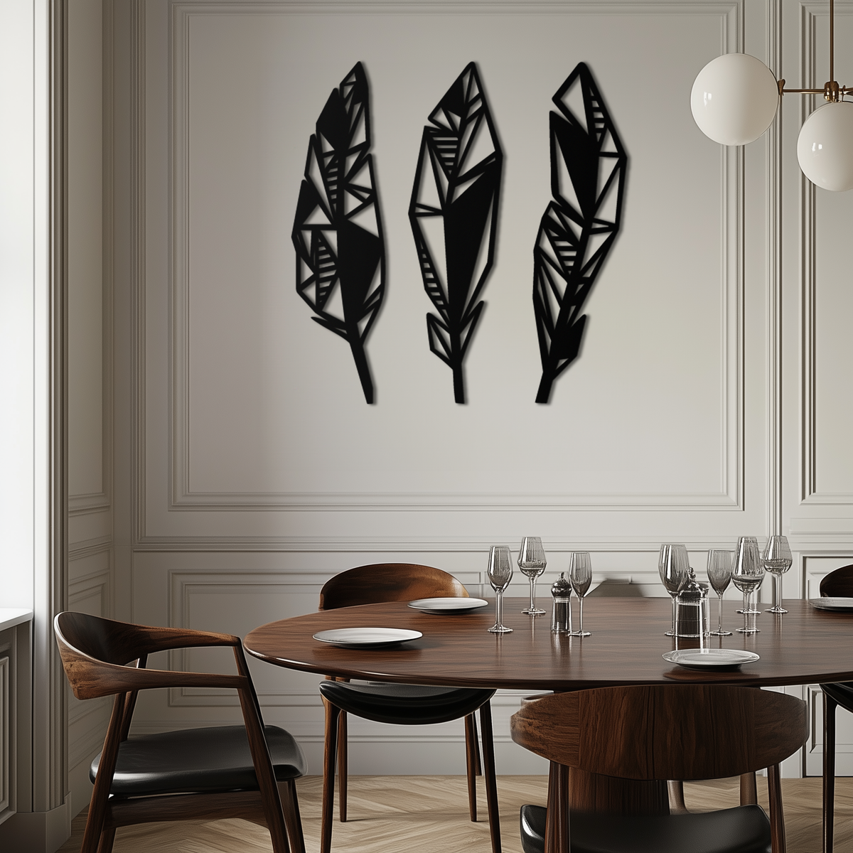 Geometric Feather Trio Metal Wall Art - Abstract Minimalist Black Steel Handcrafted