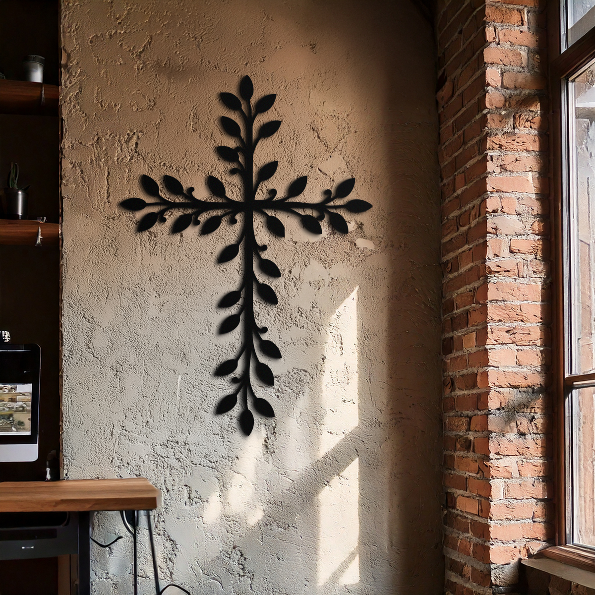 Metal Leaf Cross Wall Art - Botanical Christian Home Design