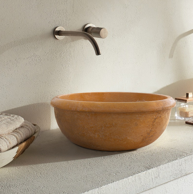 Golden Sienna Turkish Travertine Stone Vessel Sink - 16x6 Inch Round Honed and Filled