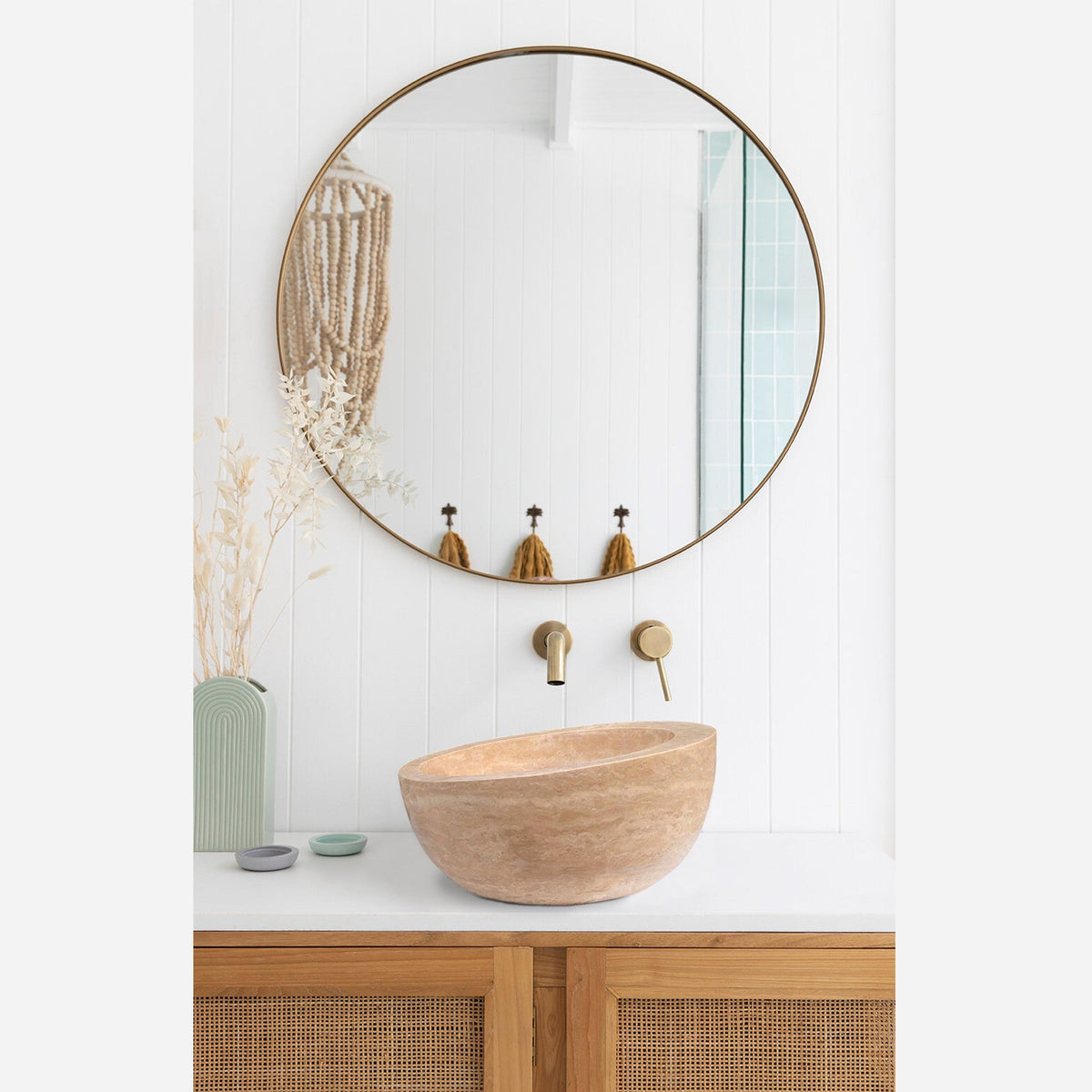 Light Beige Travertine Sloped Bathroom Vessel Sink - Honed Finish 16 Inch Diameter