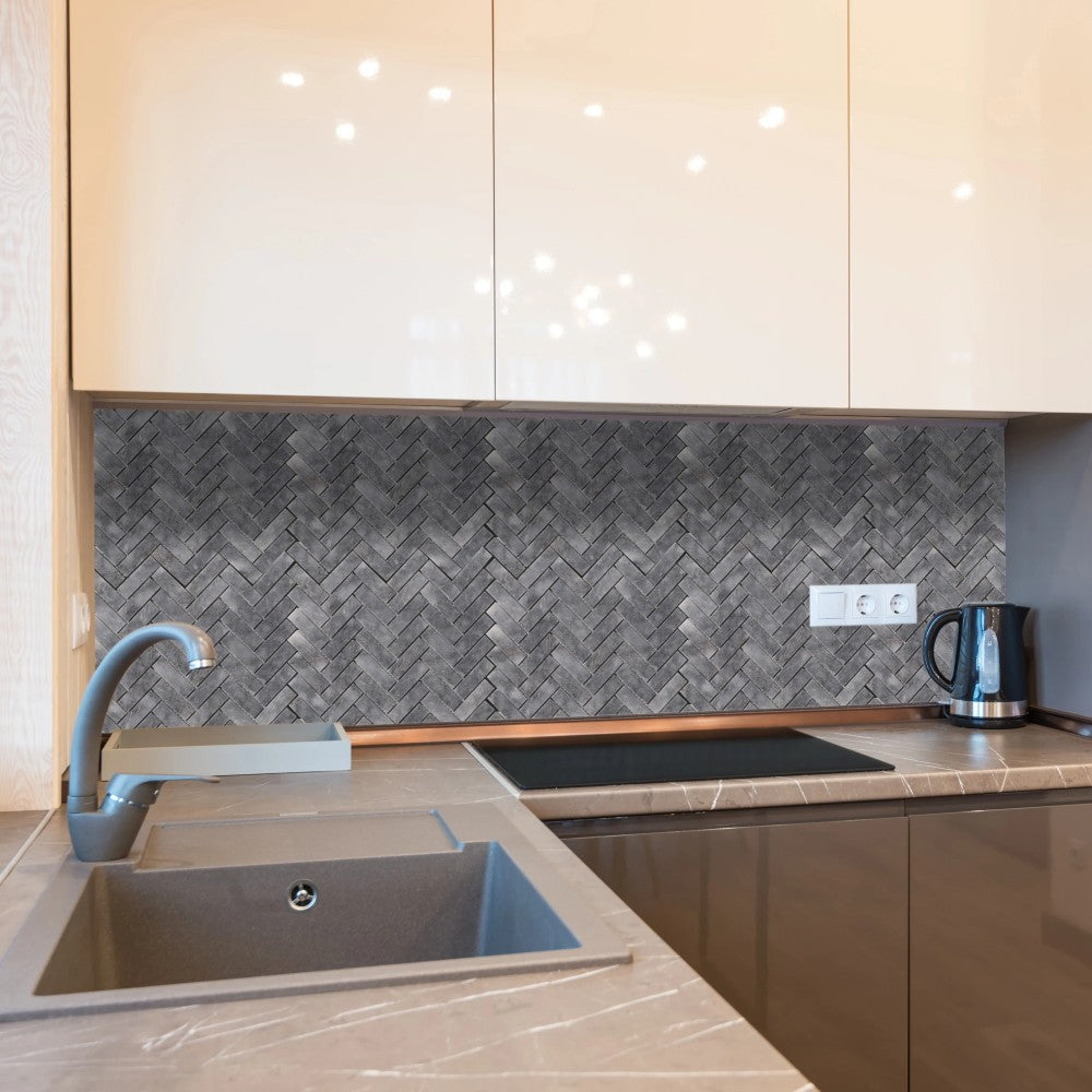 Luna Sky Marble 1"x3" Herringbone on 12" x 12" Mesh Mosaic Tile