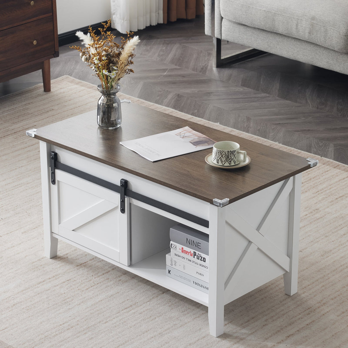 Lift Top Coffee Table 36" Farmhouse Rustic Wood Hidden Storage & Sliding Barn