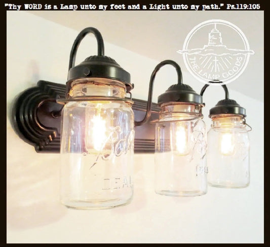 Rustic Vintage Mason Jar BATHROOM Light Trio