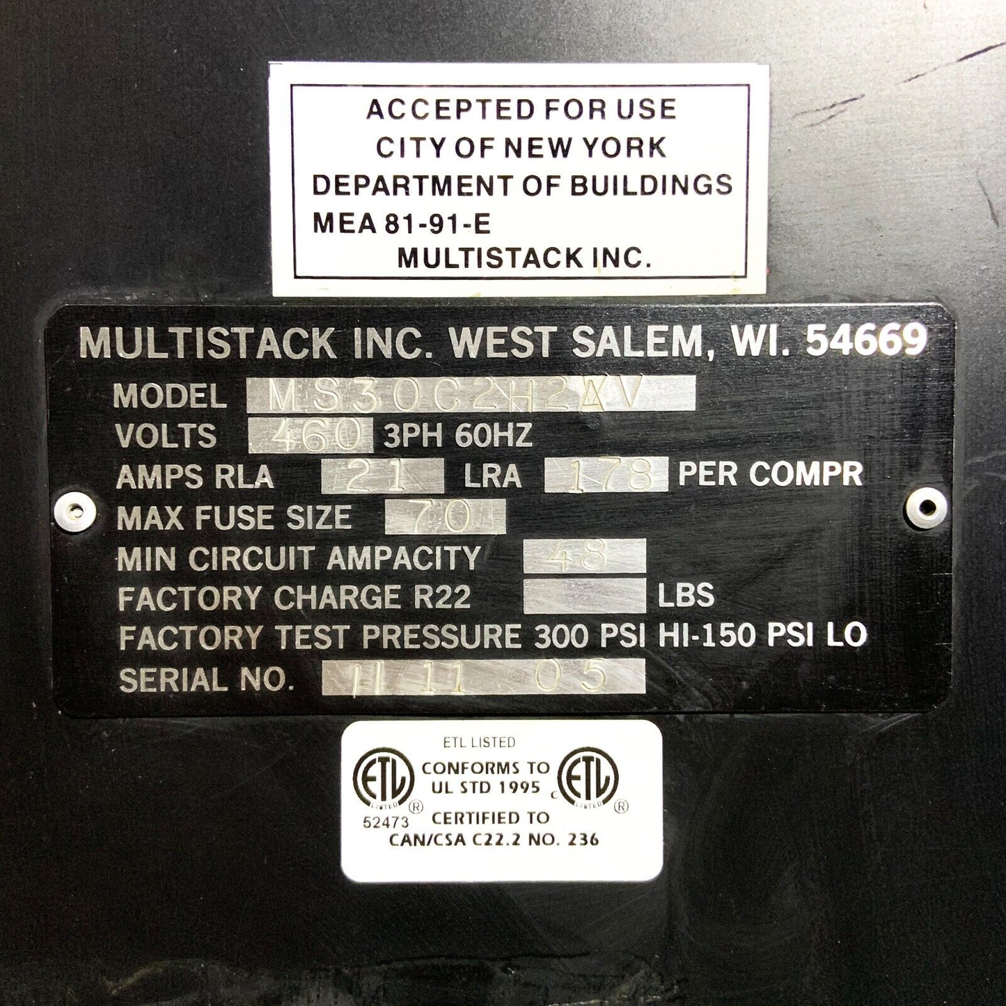 Multistack Modular MS30C2H2A 30 Ton Water Cooled Chiller