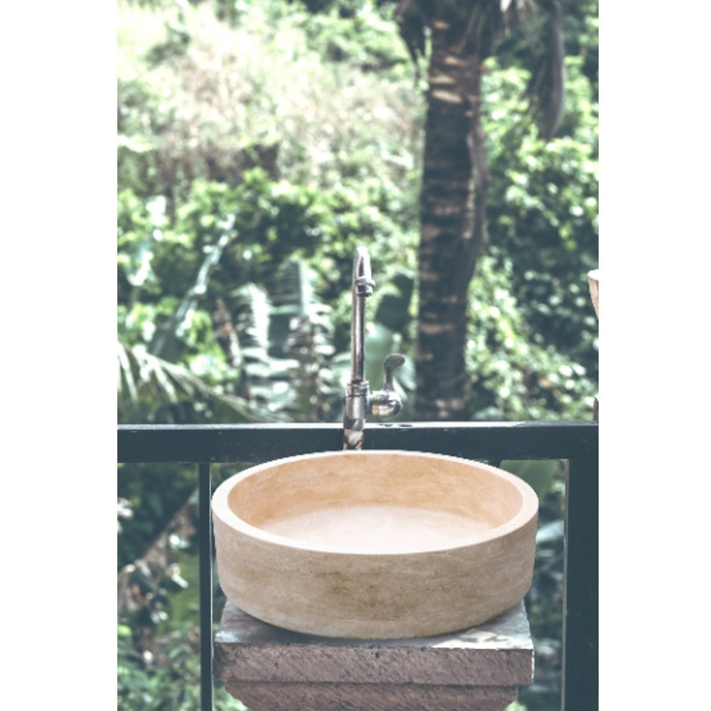 Travertine Natural Stone Handcrafted Round Vessel Sink 16 Inch