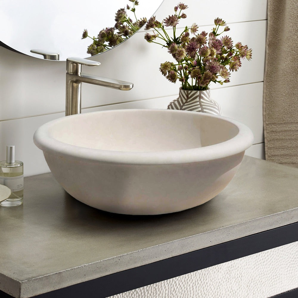 Natural Stone Turkish Limestone Handcrafted Vessel Sink 16 Inch Diameter Honed Finish