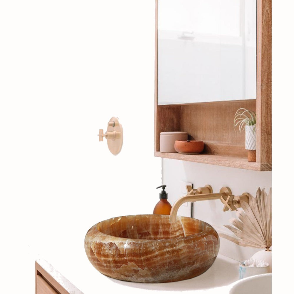 Honey Onyx Premium Natural Stone Round Vessel Sink 16 Inch Diameter 6 Inch Height