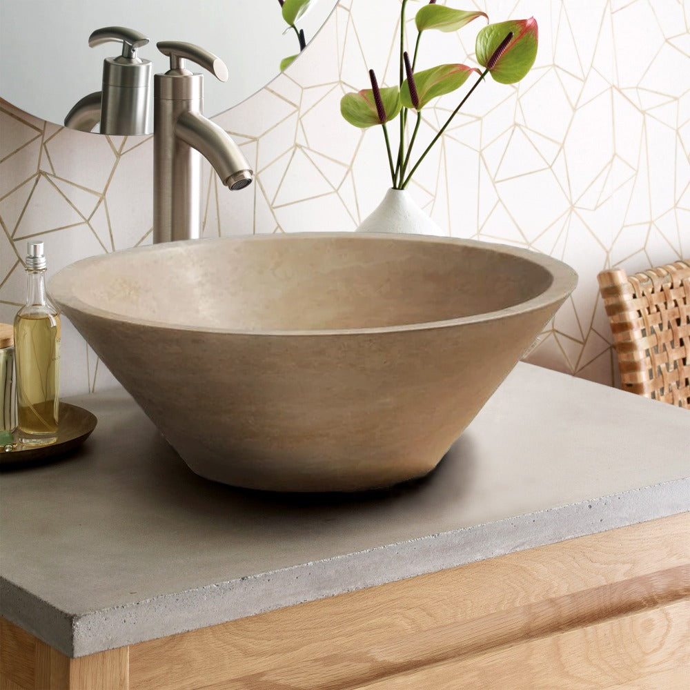 Light Travertine Vessel Sink Tapered Natural Stone Handcrafted 16x6