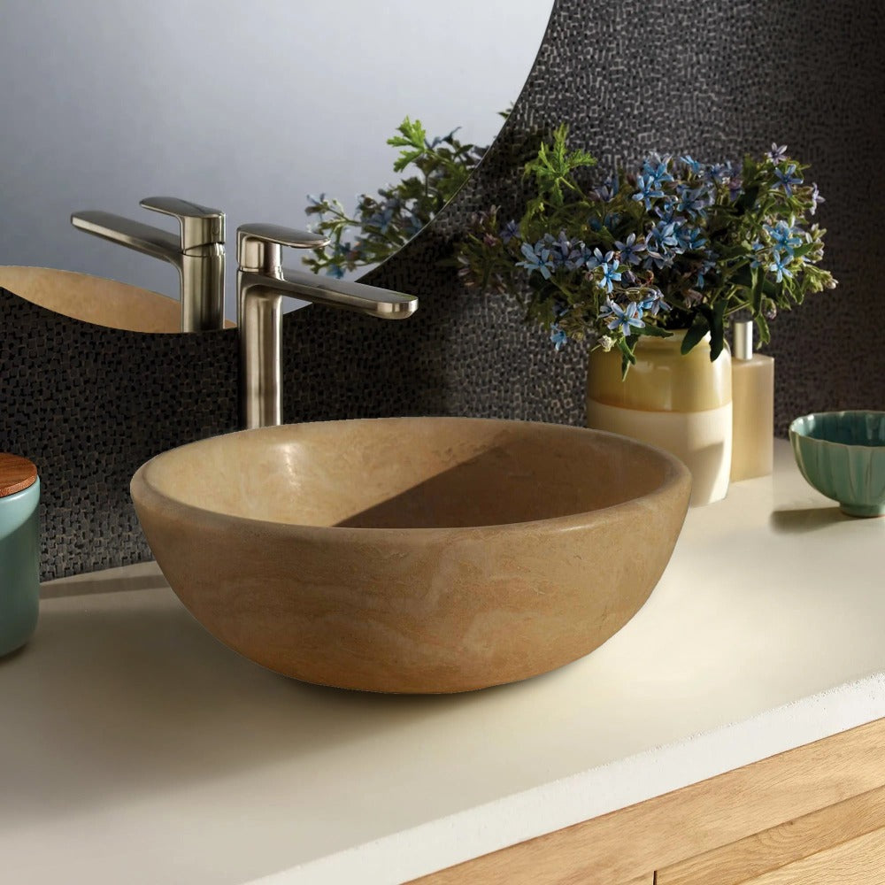 Light Travertine Hand-Carved Natural Stone Vessel Sink Round 16 Inch