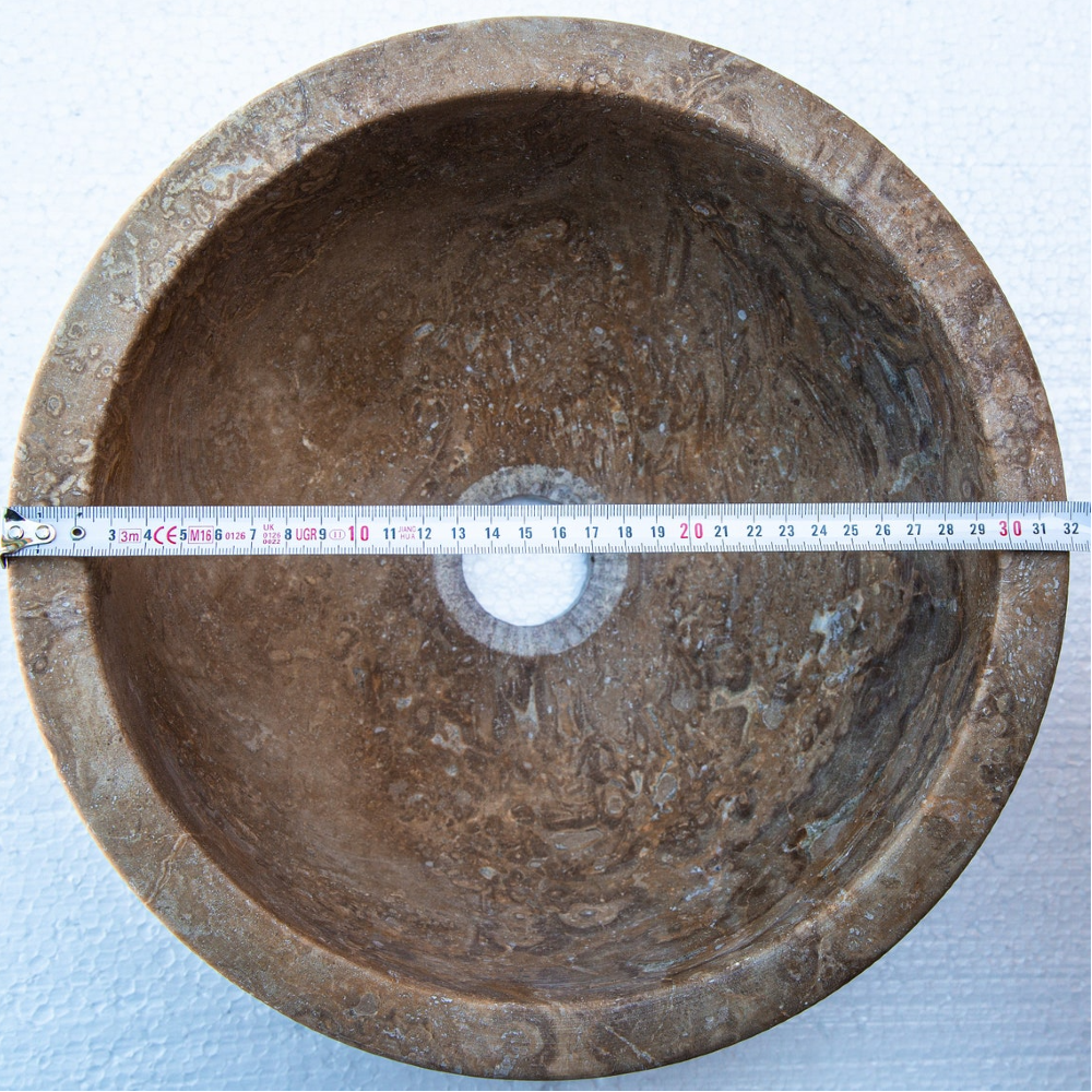 Noce Brown Travertine Natural Stone Round Above Vanity Bathroom Sink 12.5 Diameter 6 Height