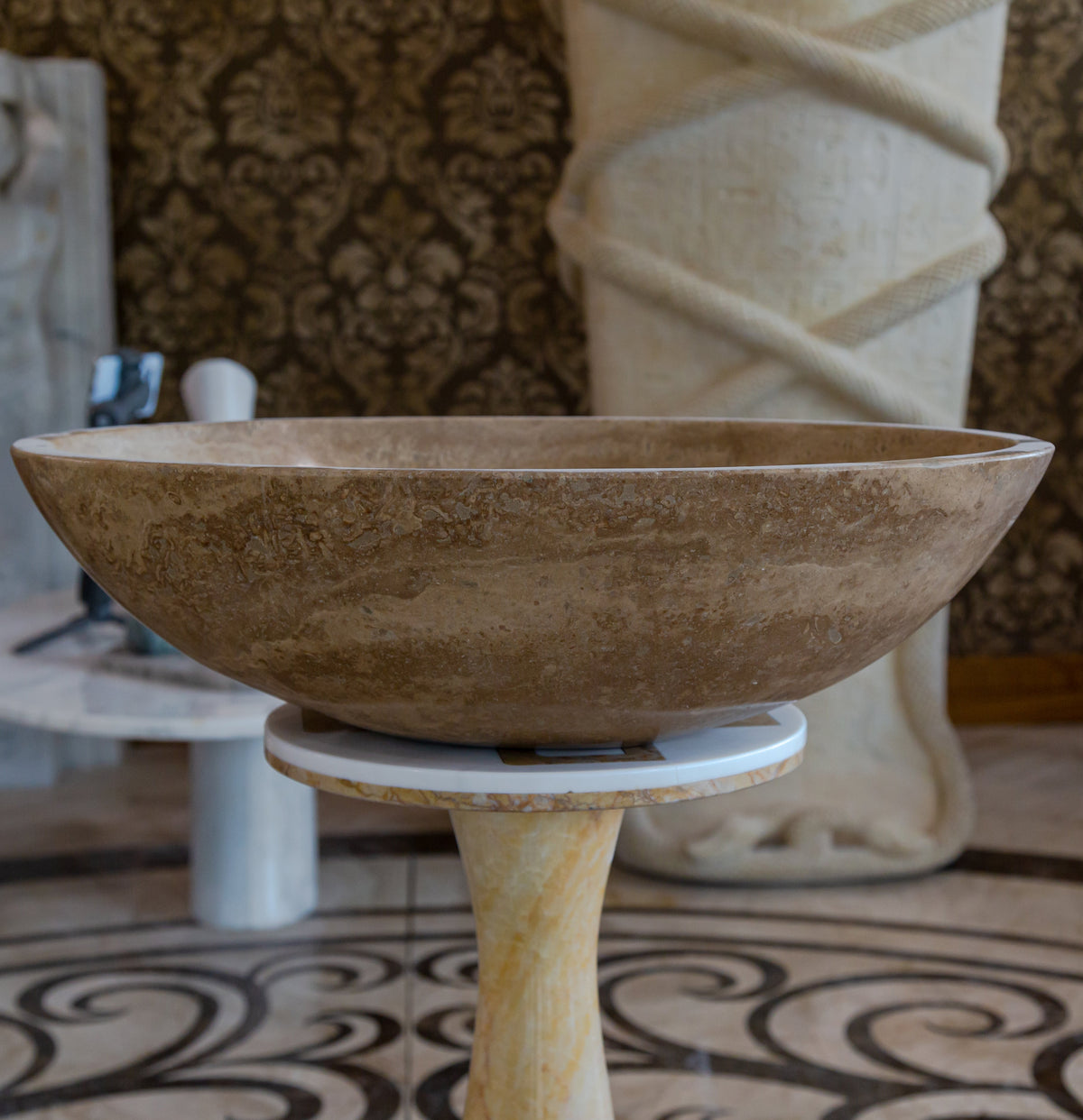 Turkish Travertine Natural Stone Oval Vessel Sink Noce Brown Handcrafted 16x21 Inch