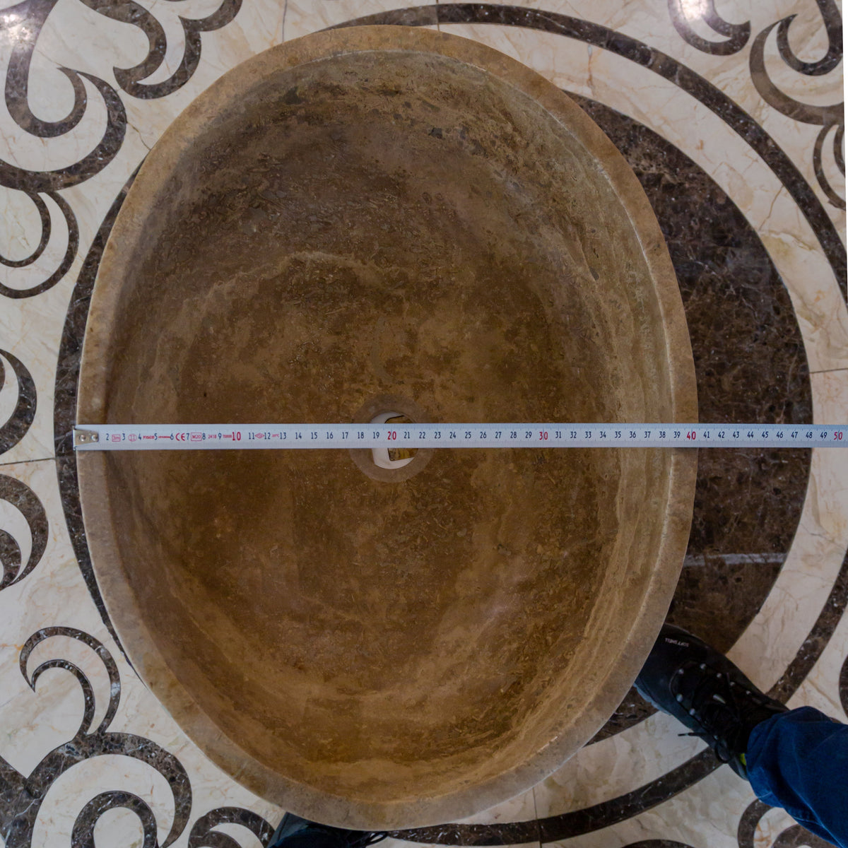 Turkish Travertine Natural Stone Oval Vessel Sink Noce Brown Handcrafted 16x21 Inch