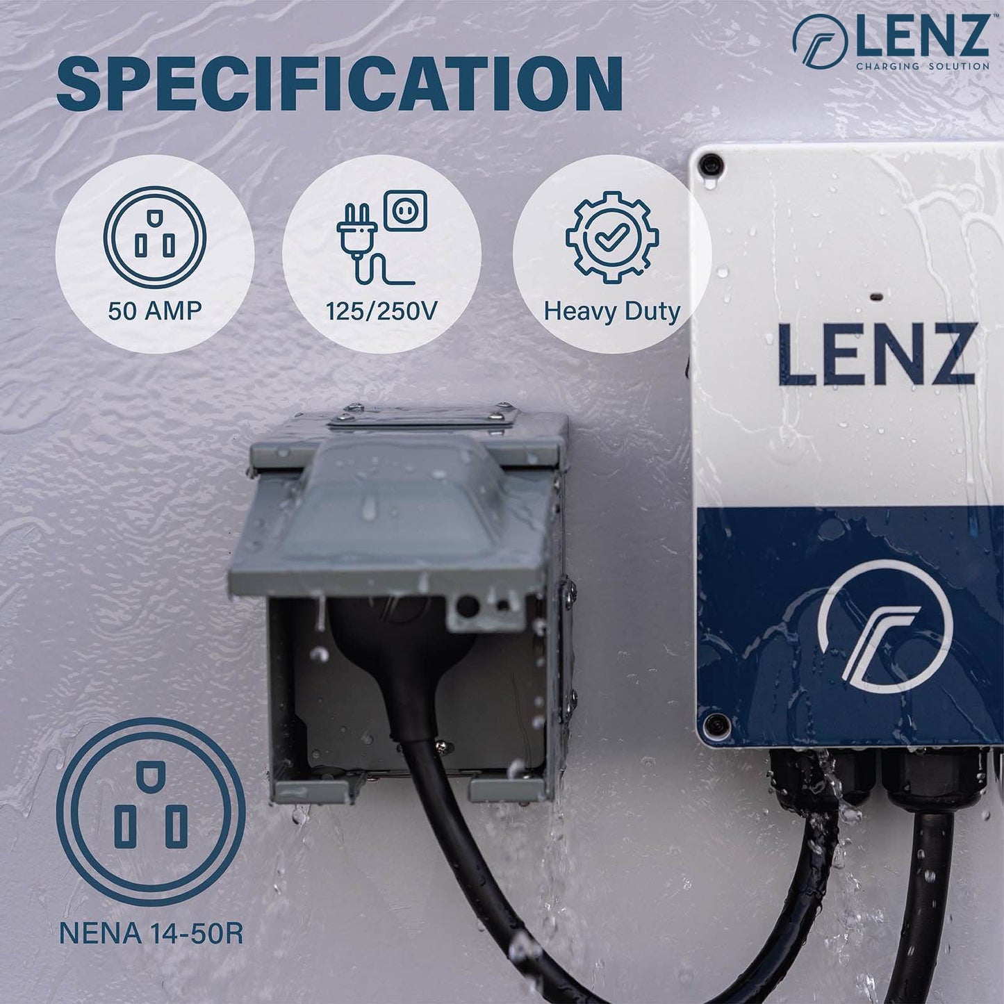 LENZ 50 Amp 125/250V NEMA 14-50 Power Outlet Box, Weatherproof Lockable Receptacle, ETL Safety Certified, for EVs RV Camper Trailer Home (NOT for Continuous Use)
