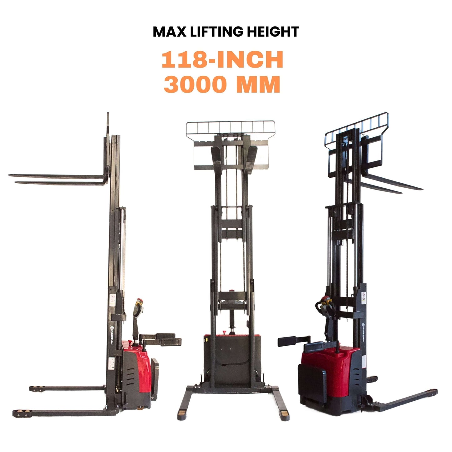PS3300FEAS-3M Full-Electric Straddle Pallet Stacker – 3,300 lb Capacity, 118" Lift, Adjustable Legs