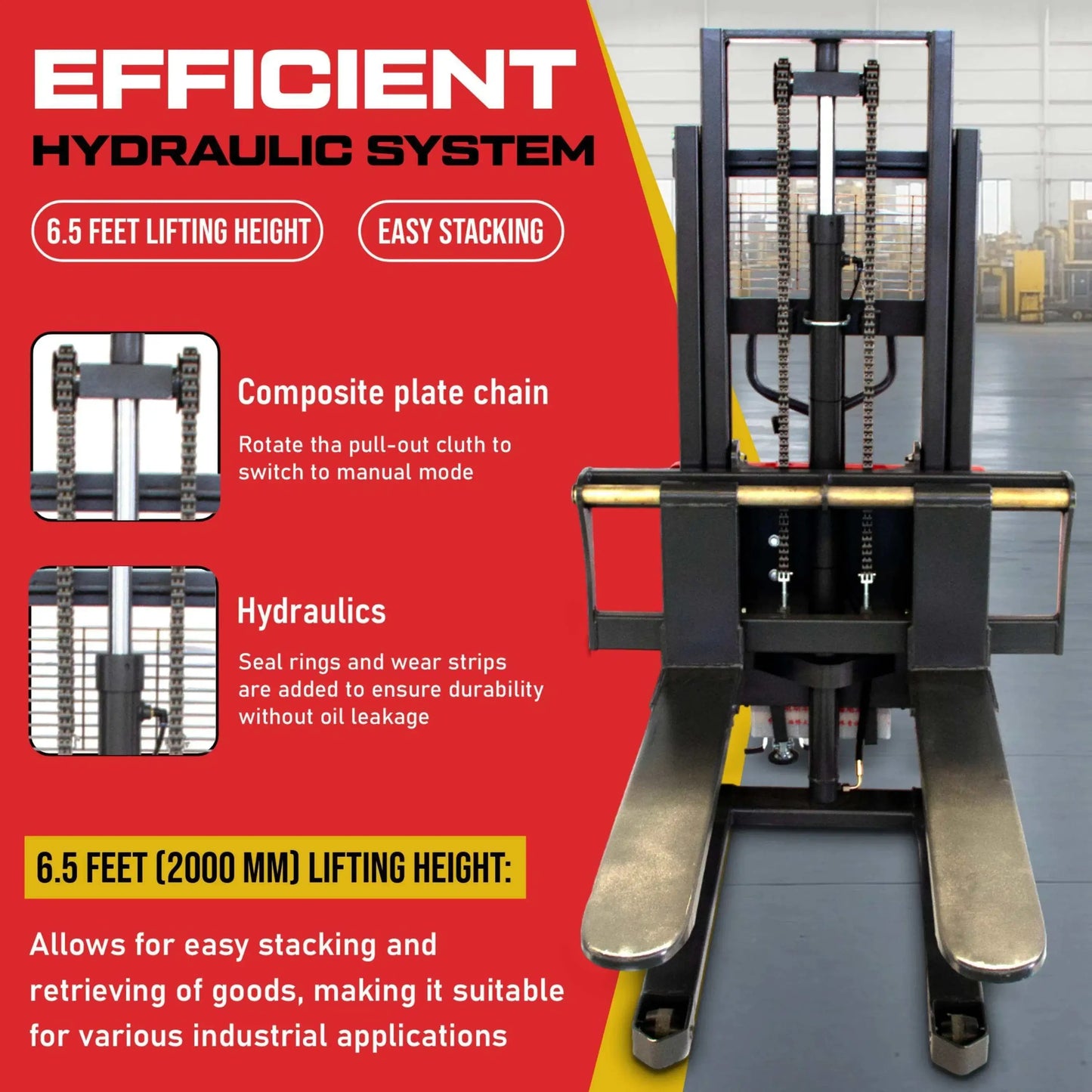 PS3300SE-2M Semi-Electric Pallet Stacker, 3300 lbs Capacity, 78" Lifting Height with Fixed Straddle Legs