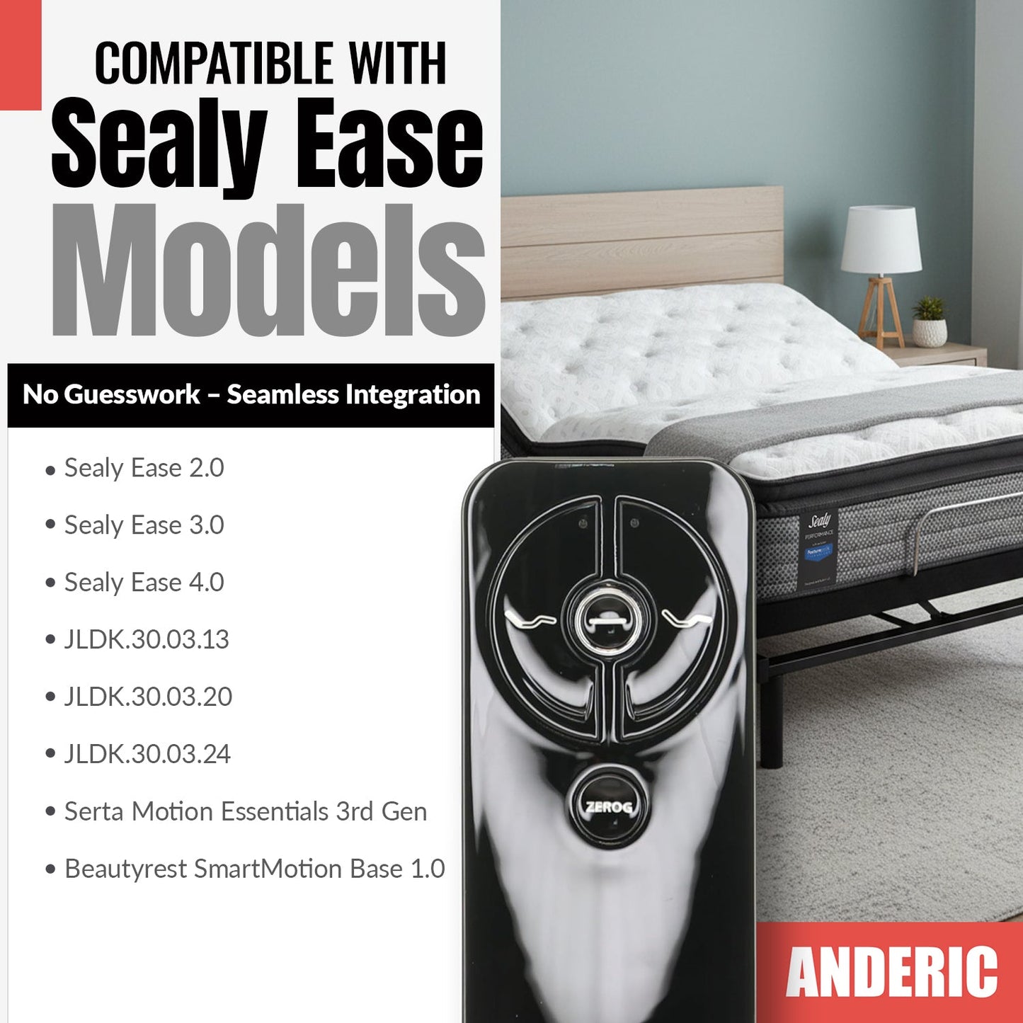 Anderic RR399A Replacement Adjustable Bed Frame Remote Control for Sealy, Serta, Ease, Beautyrest, SmartMotion | RF399A, RF368B