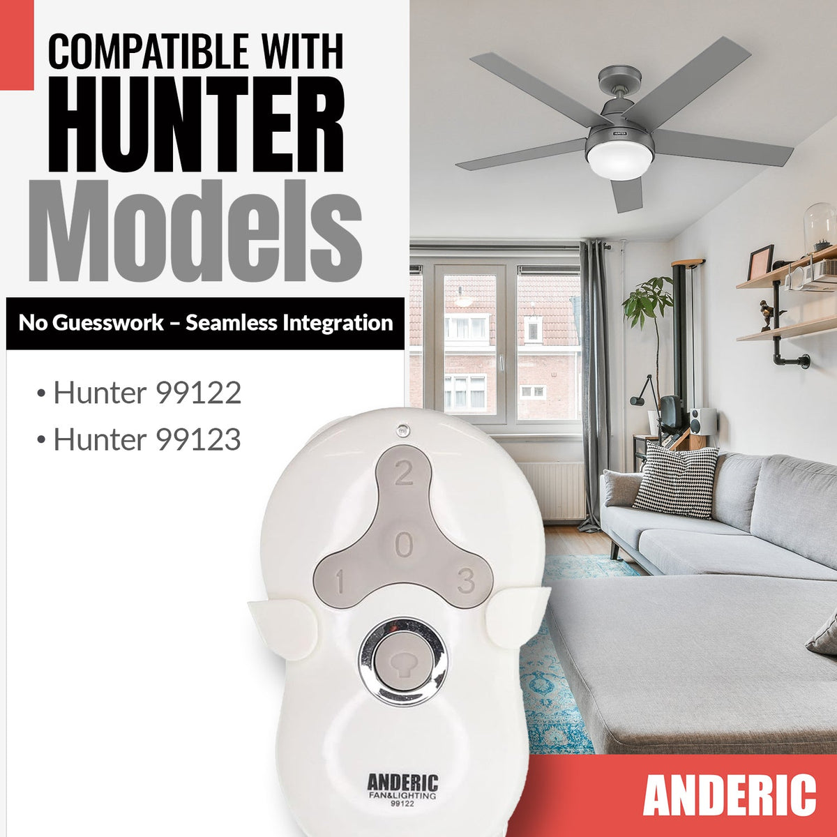 Anderic Substitute for Hunter 99122 / IN2TX41 Ceiling Fan Remote Control [99122]