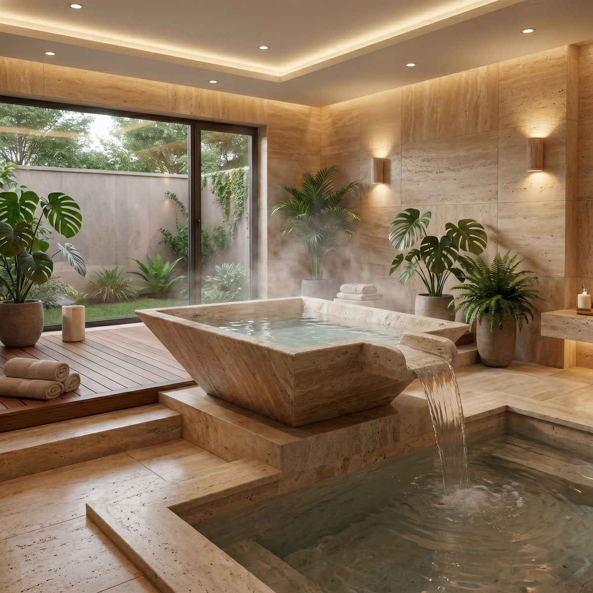Patara Beige Vein-cut Travertine Natural Stone Pool Square Poolwok with Lip