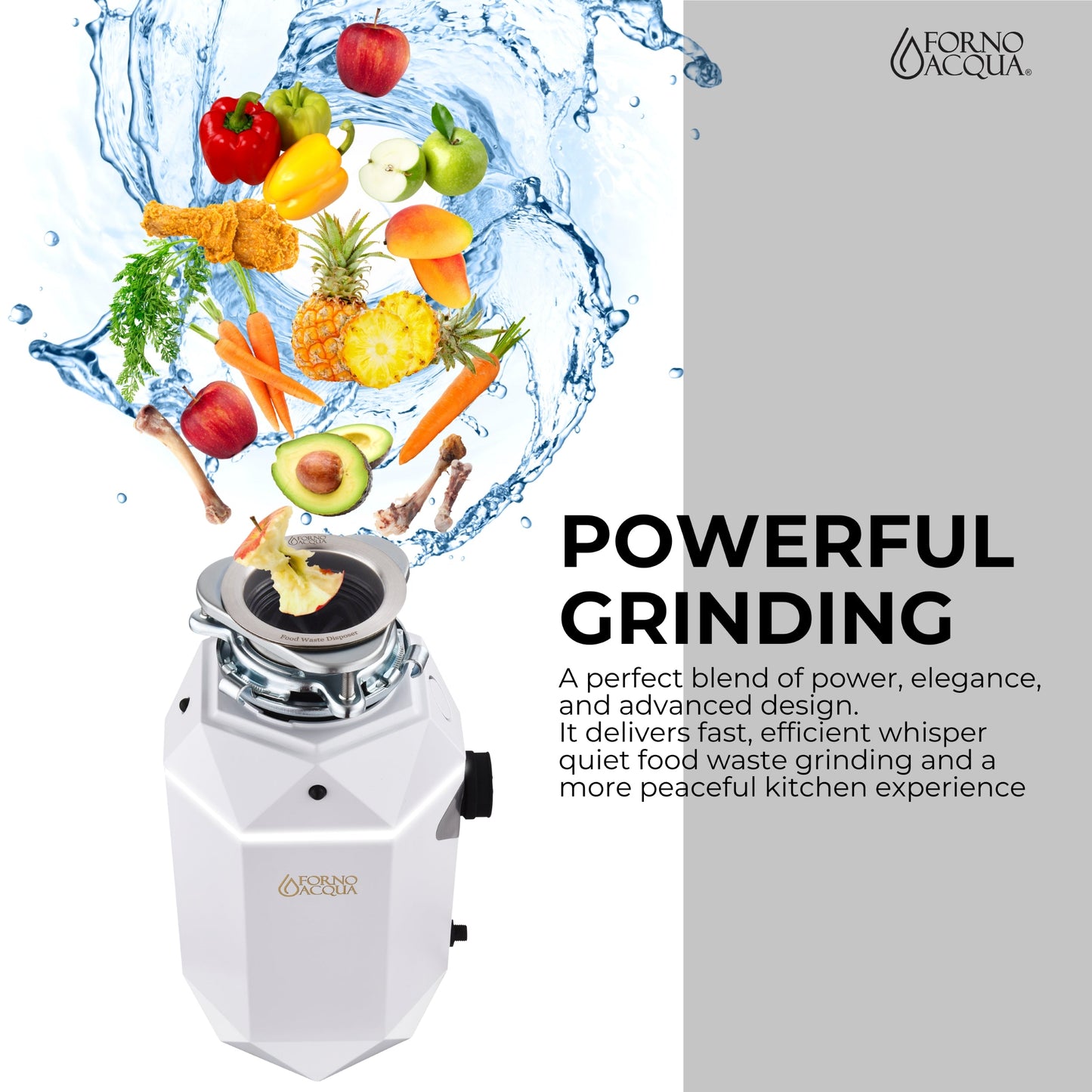 FORNO ACQUA BrightDIAMOND Moonstone 3/4HP Super Quiet Garbage Disposal Corded with Motion Sensor Cabinet Light & Pre-Wired Air Switch