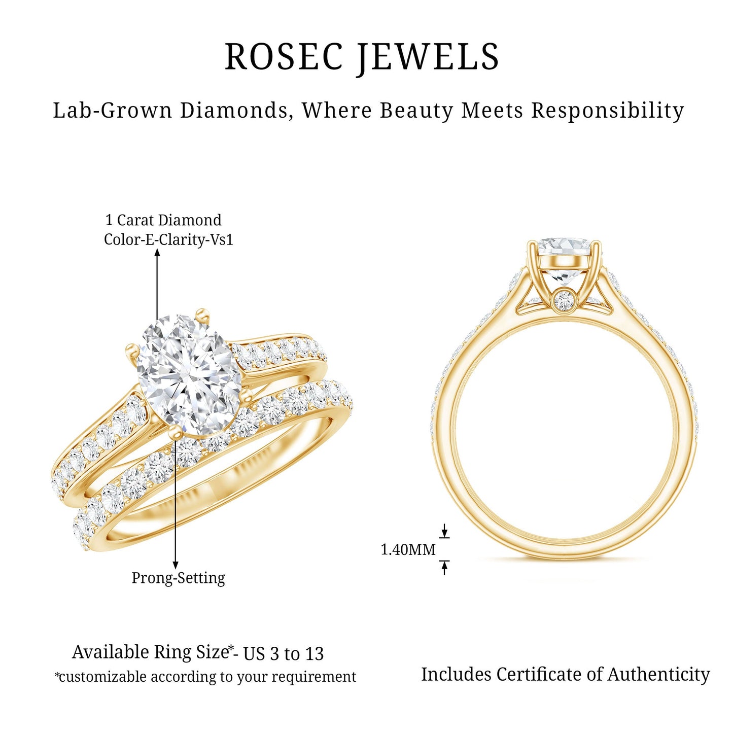 Oval Shaped 1 Carat Lab Grown Diamond Bridal Ring Set with IGI Certificate