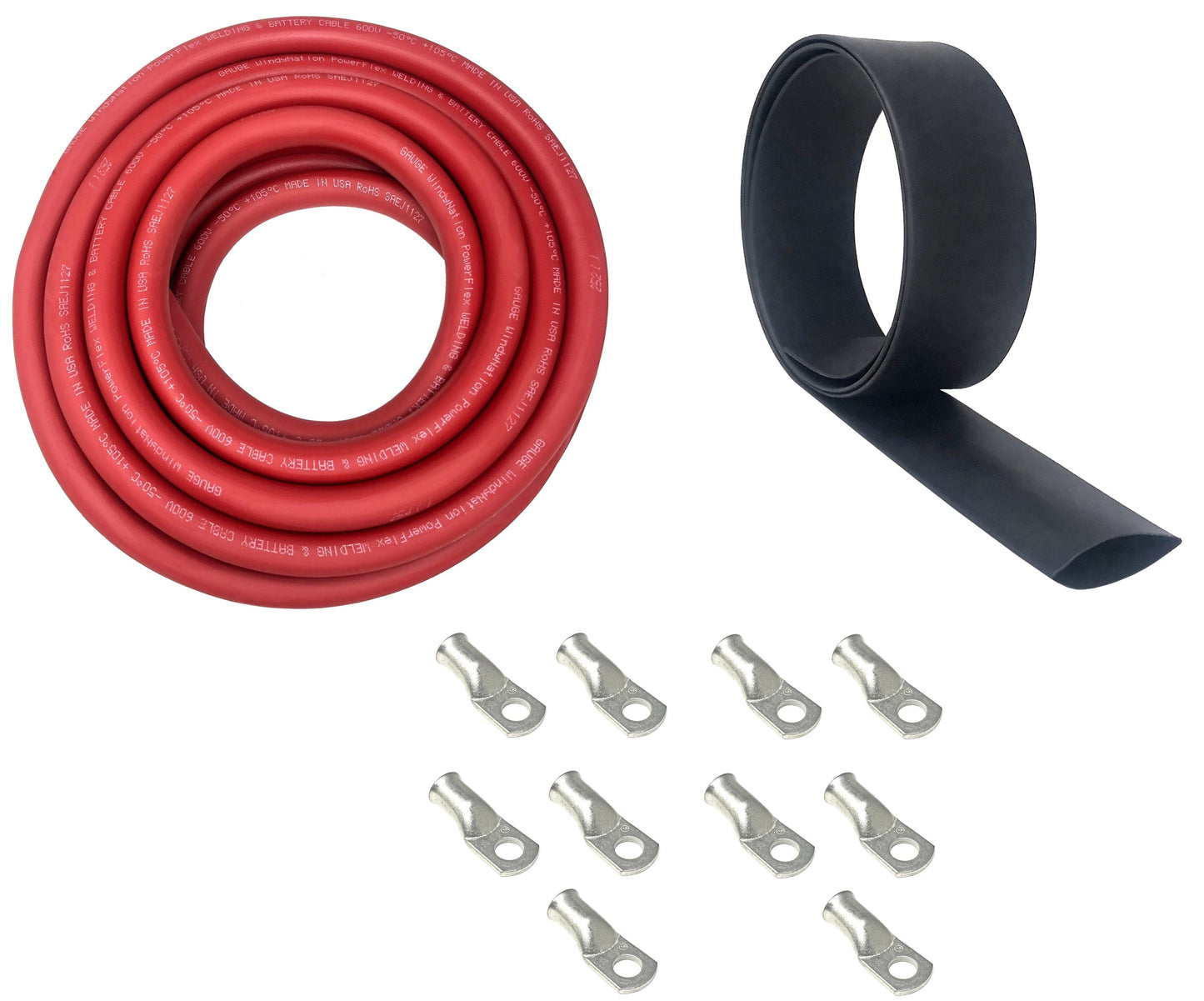 8 Gauge Welding Battery Kit - Includes 5 pieces of 3/8 lugs + 5 pieces of 5/16" Tinned Copper Cable Lugs and 3 Feet Black Heat Shrink Tubing