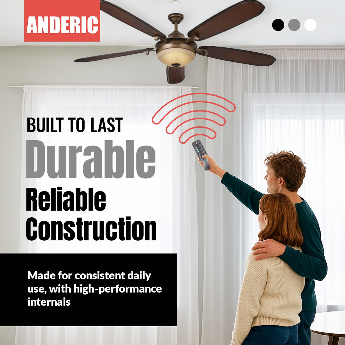 Anderic Substitute for TR198A / KUJCE10308 Ceiling Fan Remote Control | RF | DC FANS | Learn Button - KUJCE10308 [RR7225T]