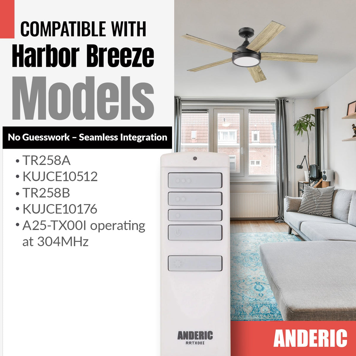Anderic RRTX00I Ceiling Fan Remote Control for Harbor Breeze | A25-TX00I / TR258A / KUJCE10512