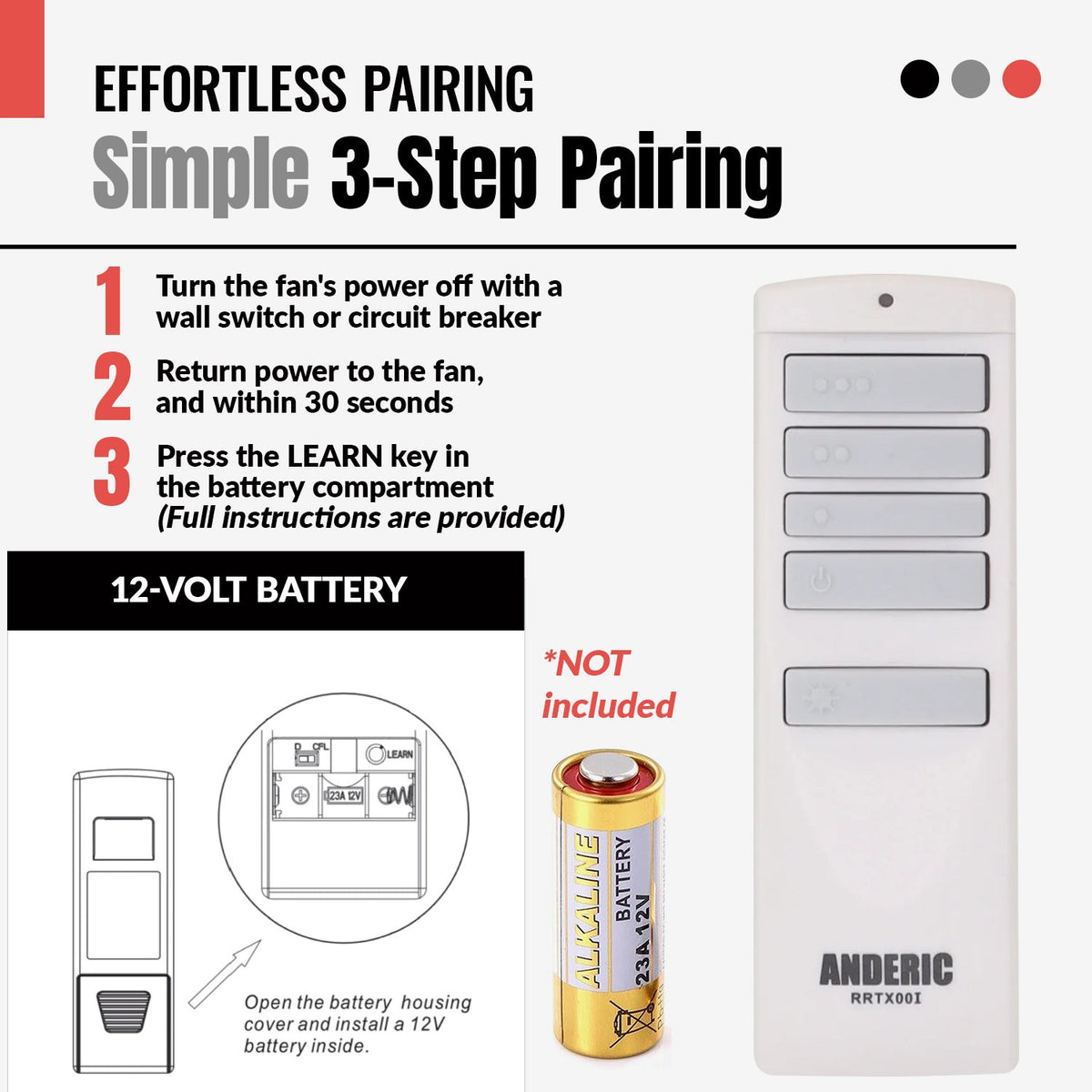 Anderic RRTX00I Ceiling Fan Remote Control for Harbor Breeze | A25-TX00I / TR258A / KUJCE10512