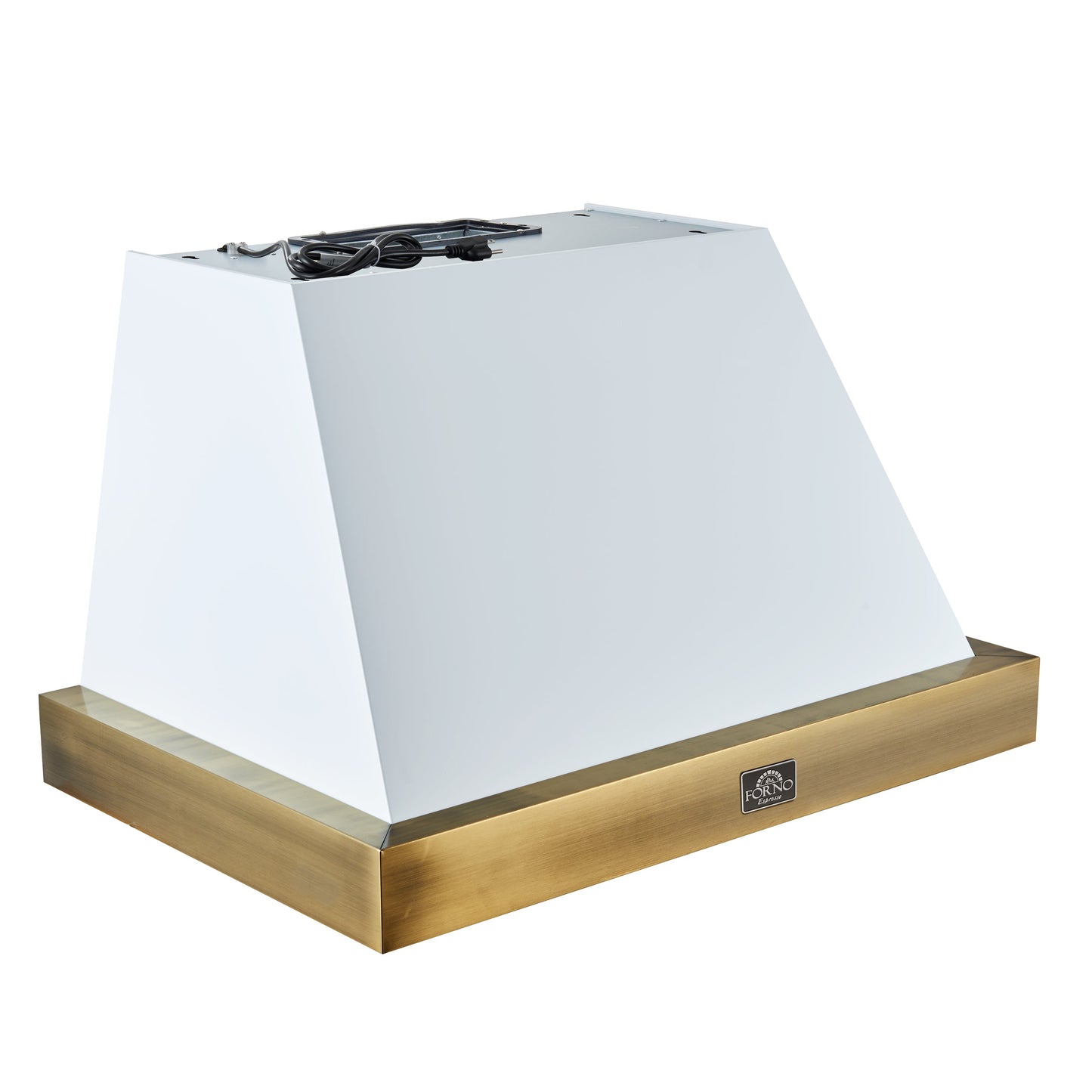 Forno Vittorio 36-Inch Wall Mount Range Hood, White with Antique Brass Trim, 424 CFM Airflow, Dishwasher-Safe Baffle Filters, Remote Control, 3-Speed Fan, Bright LED Lighting.