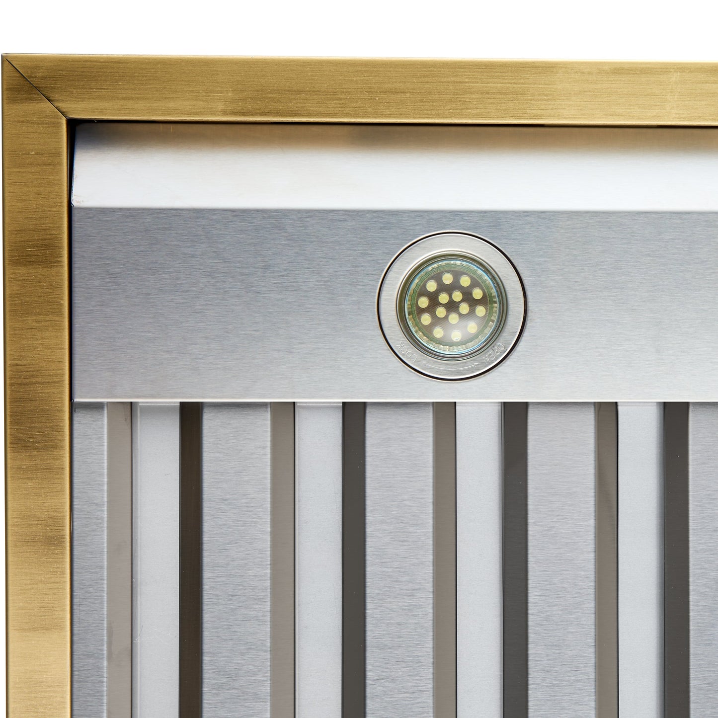 Forno Vittorio 36-Inch Wall Mount Range Hood, White with Antique Brass Trim, 424 CFM Airflow, Dishwasher-Safe Baffle Filters, Remote Control, 3-Speed Fan, Bright LED Lighting.