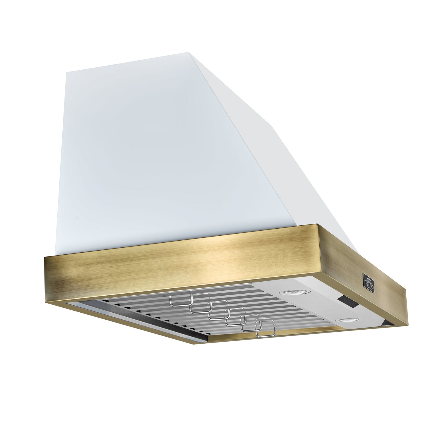 Forno Vittorio 36-Inch Wall Mount Range Hood, White with Antique Brass Trim, 424 CFM Airflow, Dishwasher-Safe Baffle Filters, Remote Control, 3-Speed Fan, Bright LED Lighting.