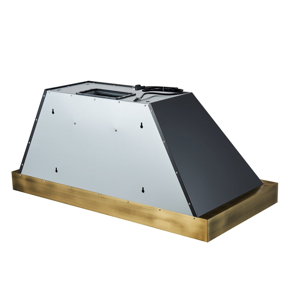 Forno Vittorio 48-Inch Wall Mount Range Hood, Black with Antique Brass Trim, 424 CFM Airflow, Dishwasher-Safe Baffle Filters, Remote Control, 3-Speed Fan, Bright LED Lighting.