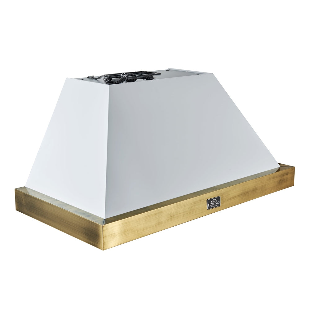 Forno Vittorio 48-Inch Wall Mount Range Hood, White with Antique Brass Trim, 424 CFM Airflow, Dishwasher-Safe Baffle Filters, Remote Control, 3-Speed Fan, Bright LED Lighting