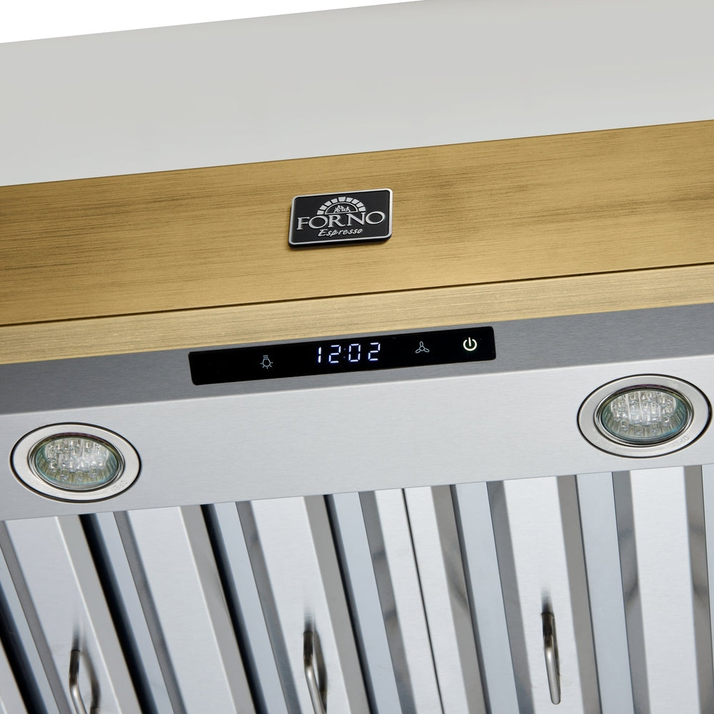 Forno Vittorio 48-Inch Wall Mount Range Hood, White with Antique Brass Trim, 424 CFM Airflow, Dishwasher-Safe Baffle Filters, Remote Control, 3-Speed Fan, Bright LED Lighting