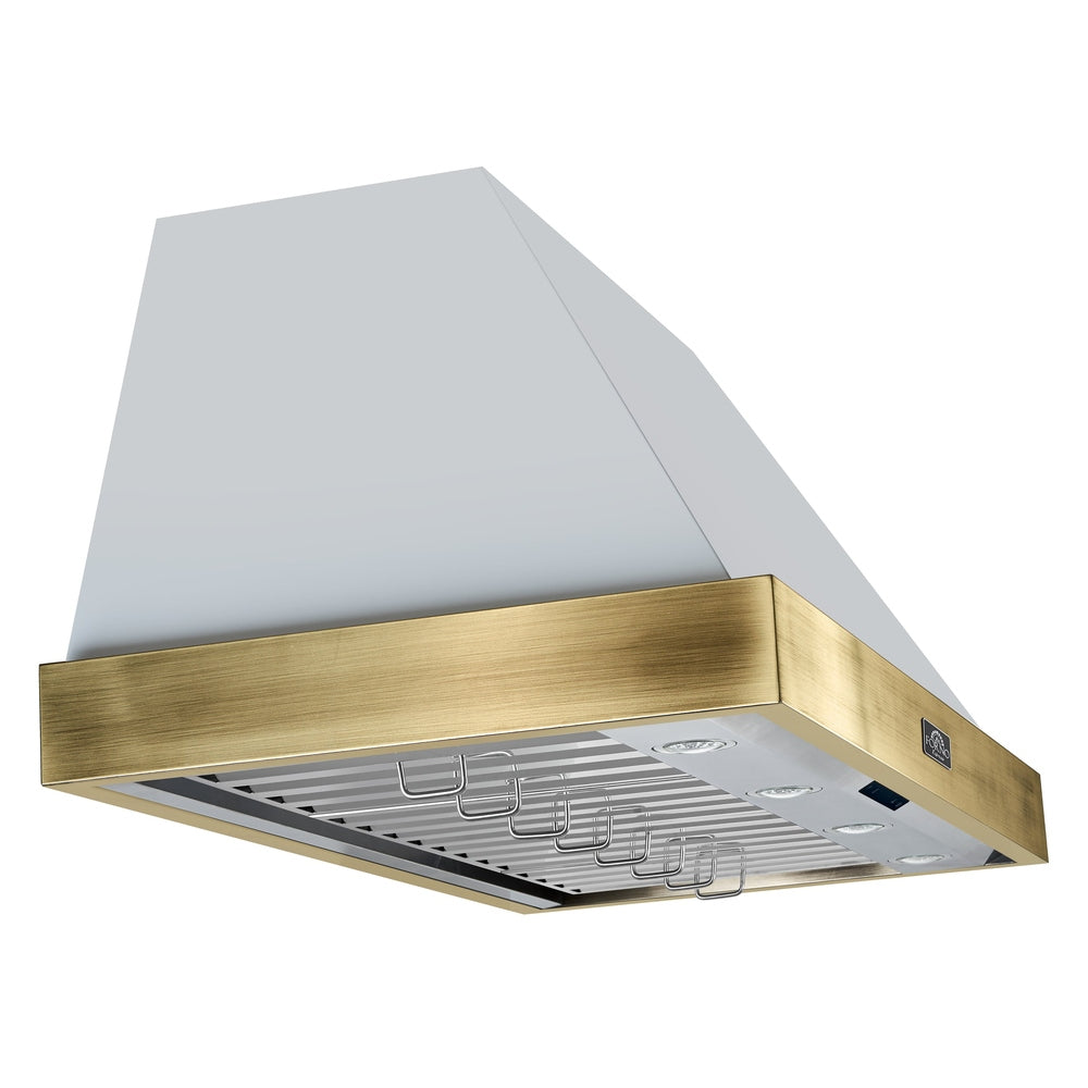 Forno Vittorio 48-Inch Wall Mount Range Hood, White with Antique Brass Trim, 424 CFM Airflow, Dishwasher-Safe Baffle Filters, Remote Control, 3-Speed Fan, Bright LED Lighting