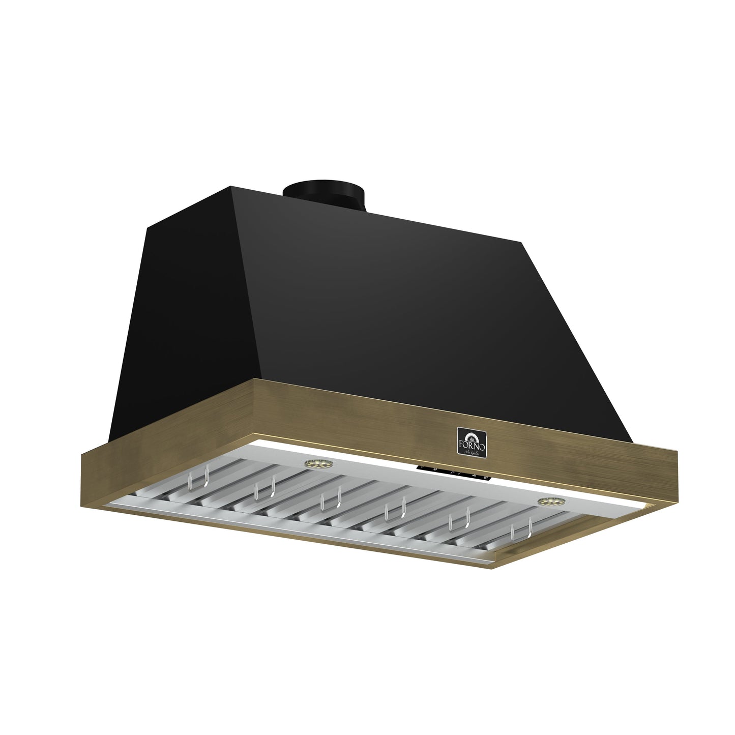 Forno Vittorio 36-Inch Wall Mount Range Hood, Black with Antique Brass Trim, 424 CFM Airflow, Dishwasher-Safe Baffle Filters, Remote Control, 3-Speed Fan, Bright LED Lighting.
