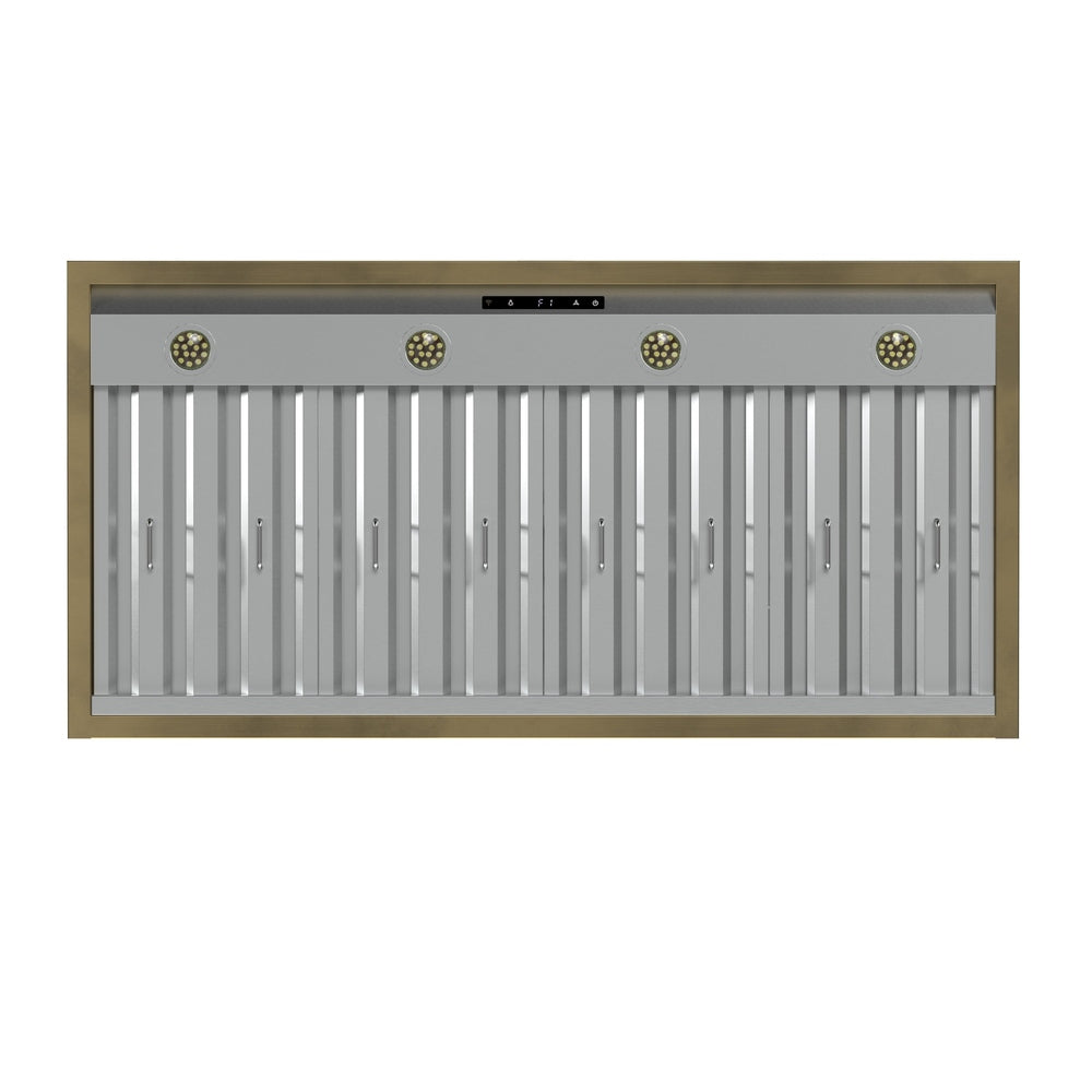 Forno Vittorio 48-Inch Wall Mount Range Hood, White with Antique Brass Trim, 424 CFM Airflow, Dishwasher-Safe Baffle Filters, Remote Control, 3-Speed Fan, Bright LED Lighting