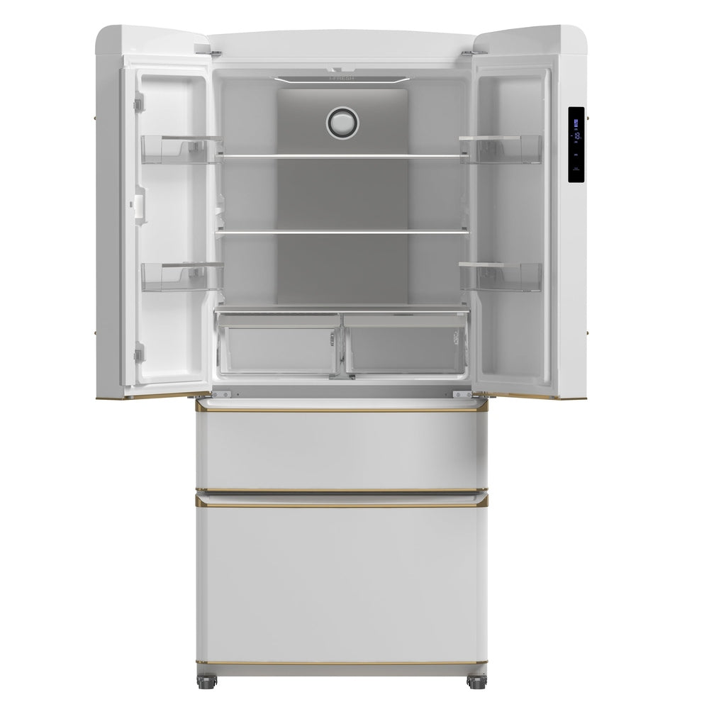 Forno Luigi 33-Inch French Door Refrigerator, 18 cu.ft, White Finish, Antique Brass Handles, ENERGY STAR Certified
