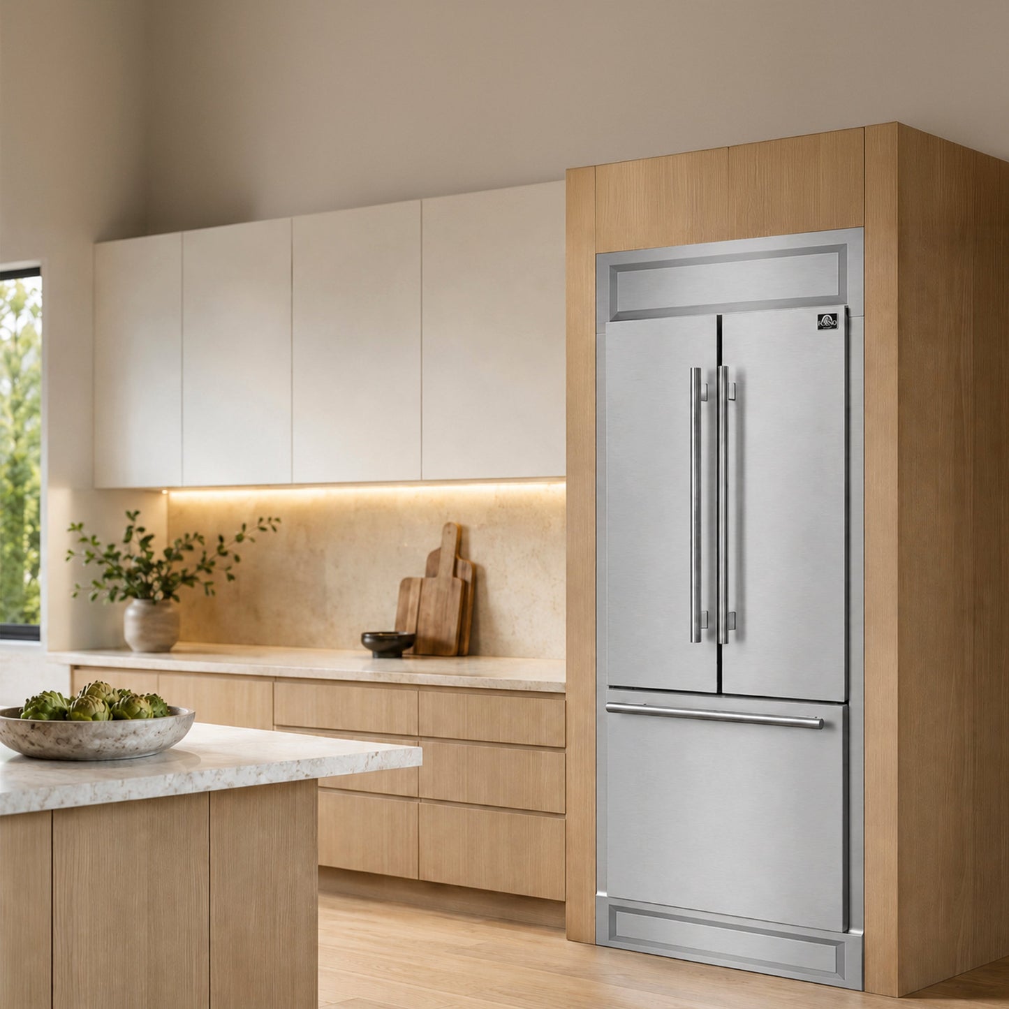 Forno Gallipoli 30-Inch French Door Refrigerator, 17.5 cu.ft Capacity, Modern Decorative Grill, 34-Inch Width, Stainless Steel, No Frost Technology, Energy Efficient