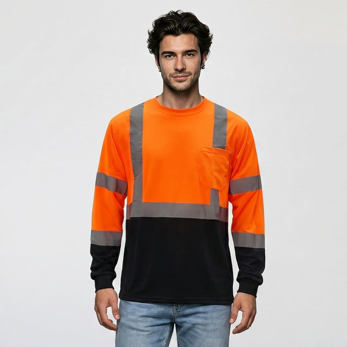 High Visibility Safety Color Block Long Sleeve T-Shirt with Front Pocket – Reflective Workwear for Enhanced Safety