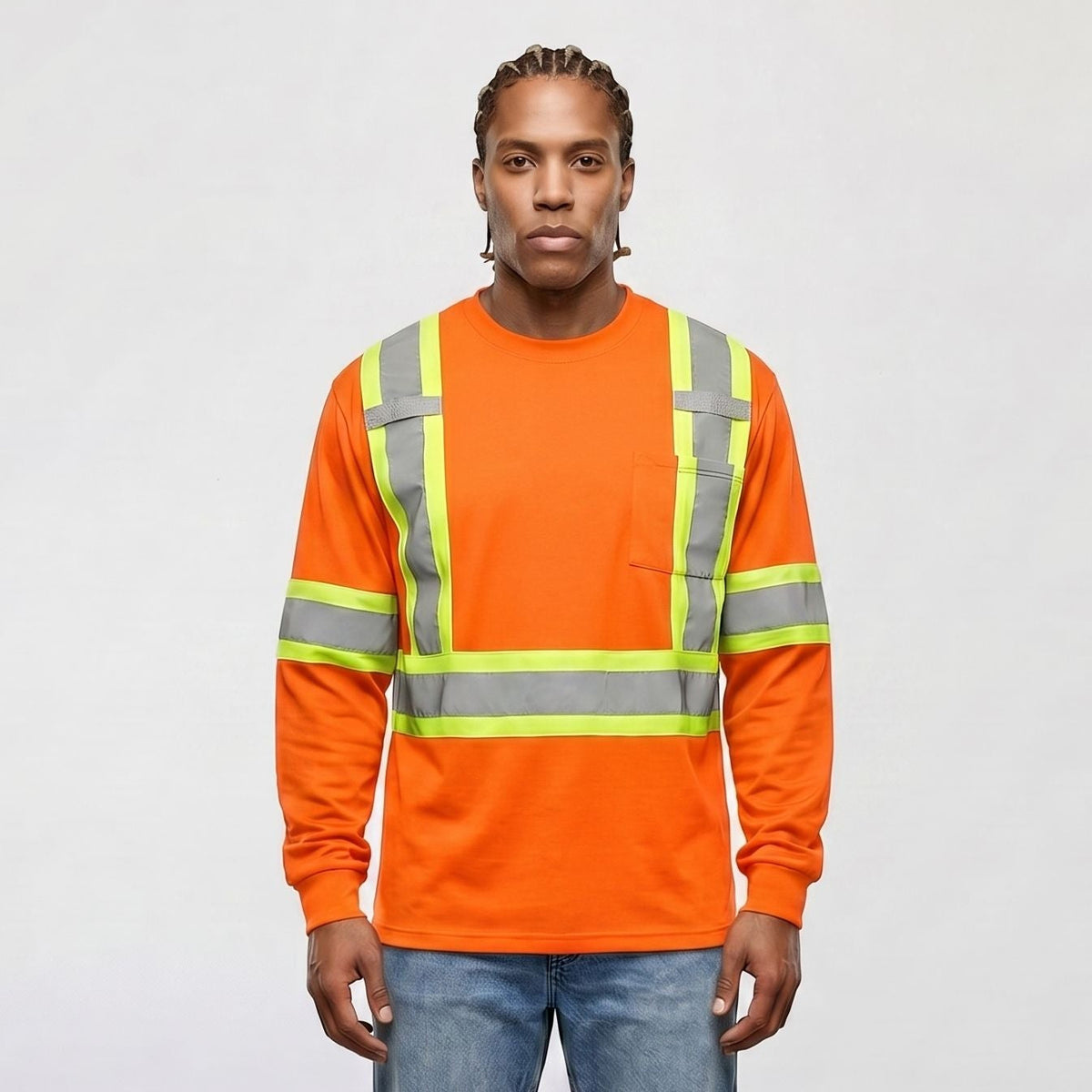 High Visibility Safety Long Sleeve T-Shirt with Front Pocket – Reflective Workwear for Maximum Safety