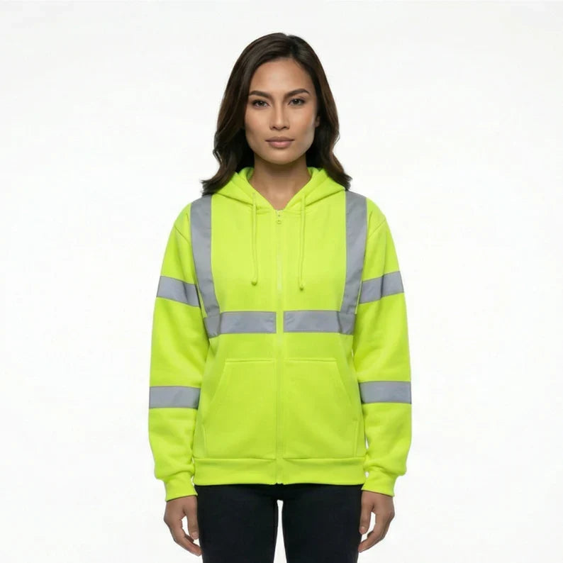Hi-Vis Class 3 Zip-Up Hoodie with Pockets – Single Reflective Tape