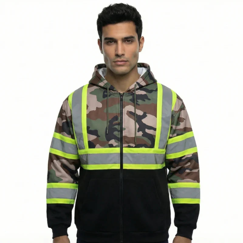 Color Block Zip-Up Hoodie with Reflective Stripes – Everyday Workwear